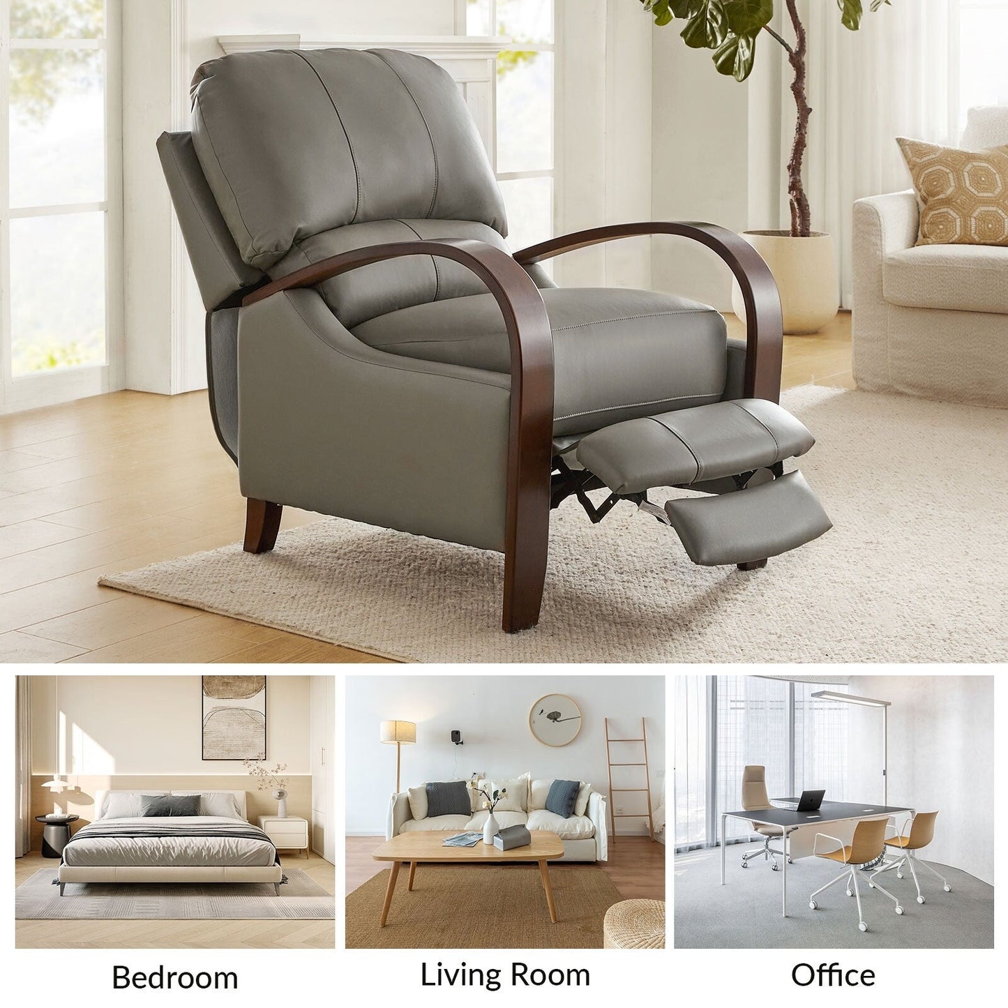 Alex Mid-century Modern Cigar Genuine Leather Manual Recliner with Wooden Curved Arms, Set of 2
