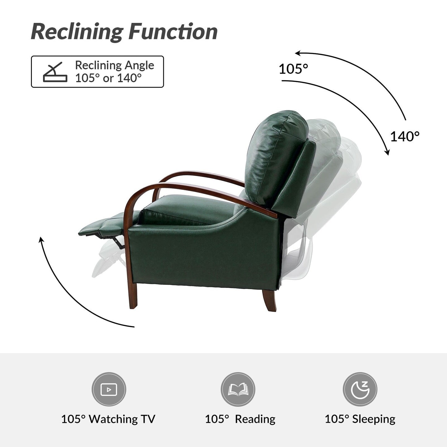 Alex Mid-century Modern Cigar Genuine Leather Manual Recliner with Wooden Curved Arms, Set of 2