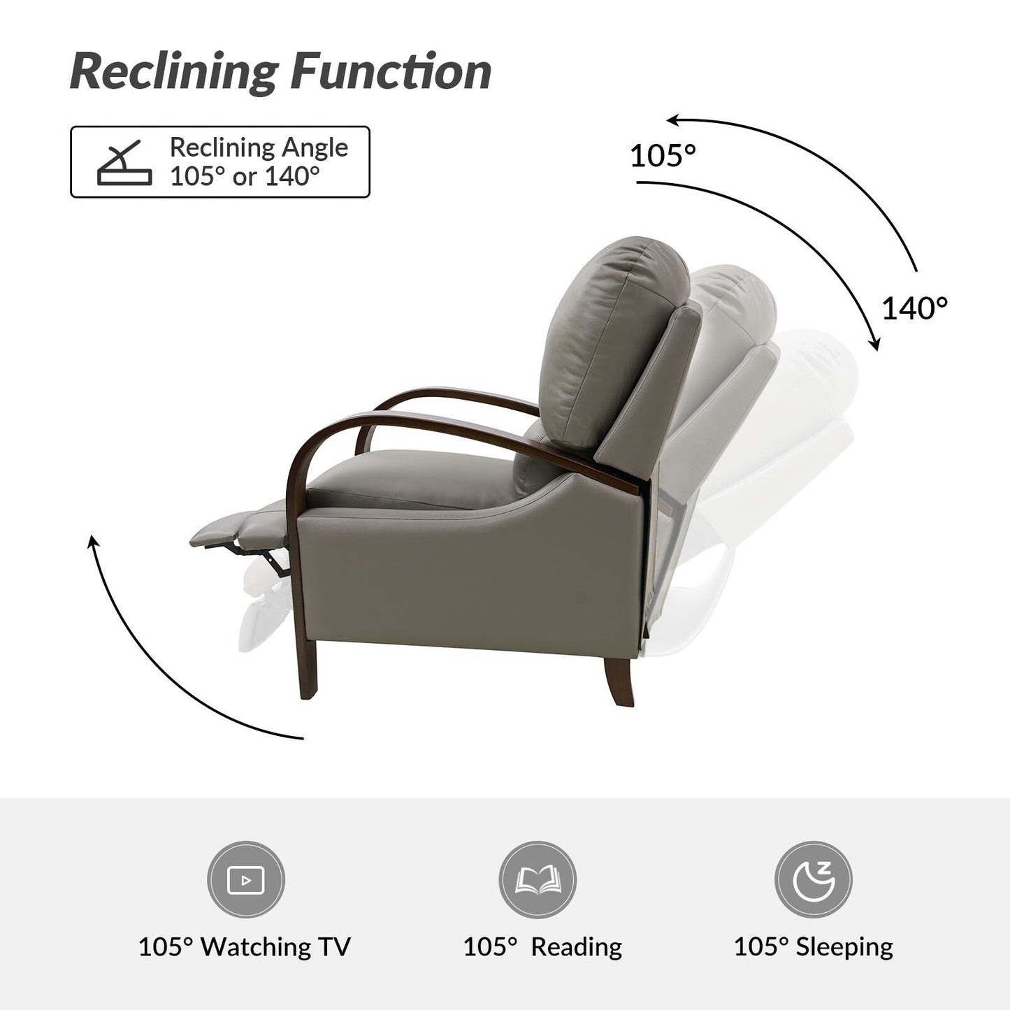 Alex Mid-century Modern Cigar Genuine Leather Manual Recliner with Wooden Curved Arms, Set of 2