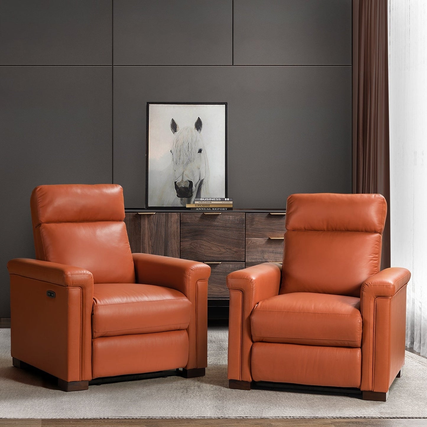 Alicia 34.65 Wide Contemporary Classic Genuine Leather Power Recliner With USB Port (Set of 2)