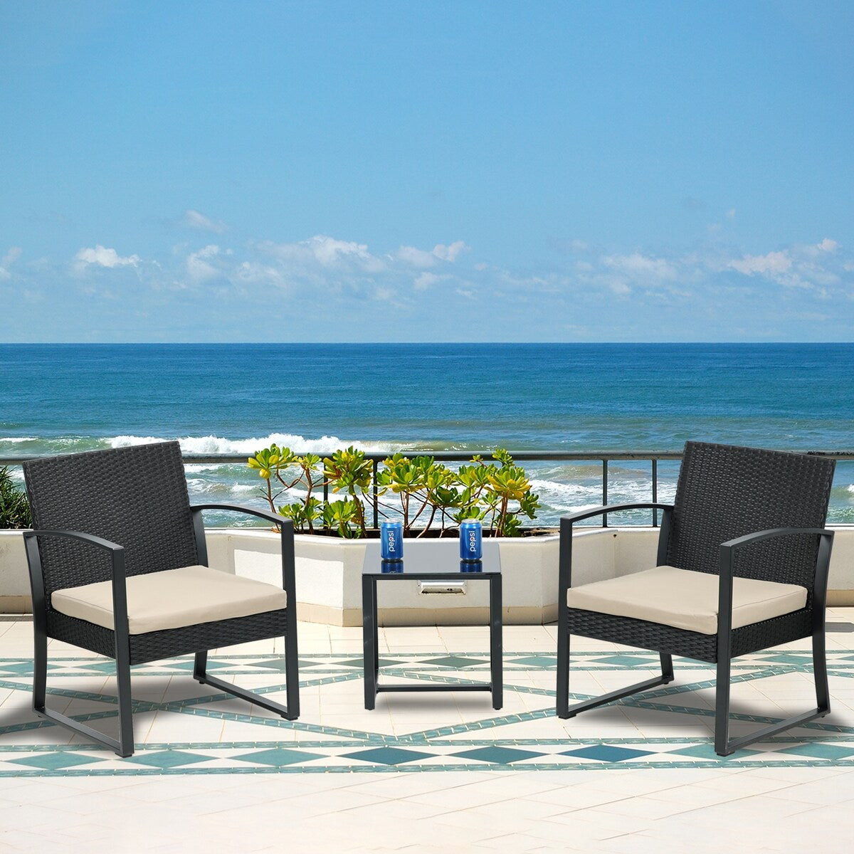 Aoodor 3-Piece Patio Furniture Set - Outdoor Rattan Wicker Chairs with Table, Sofa Set Including Cushions - N/A