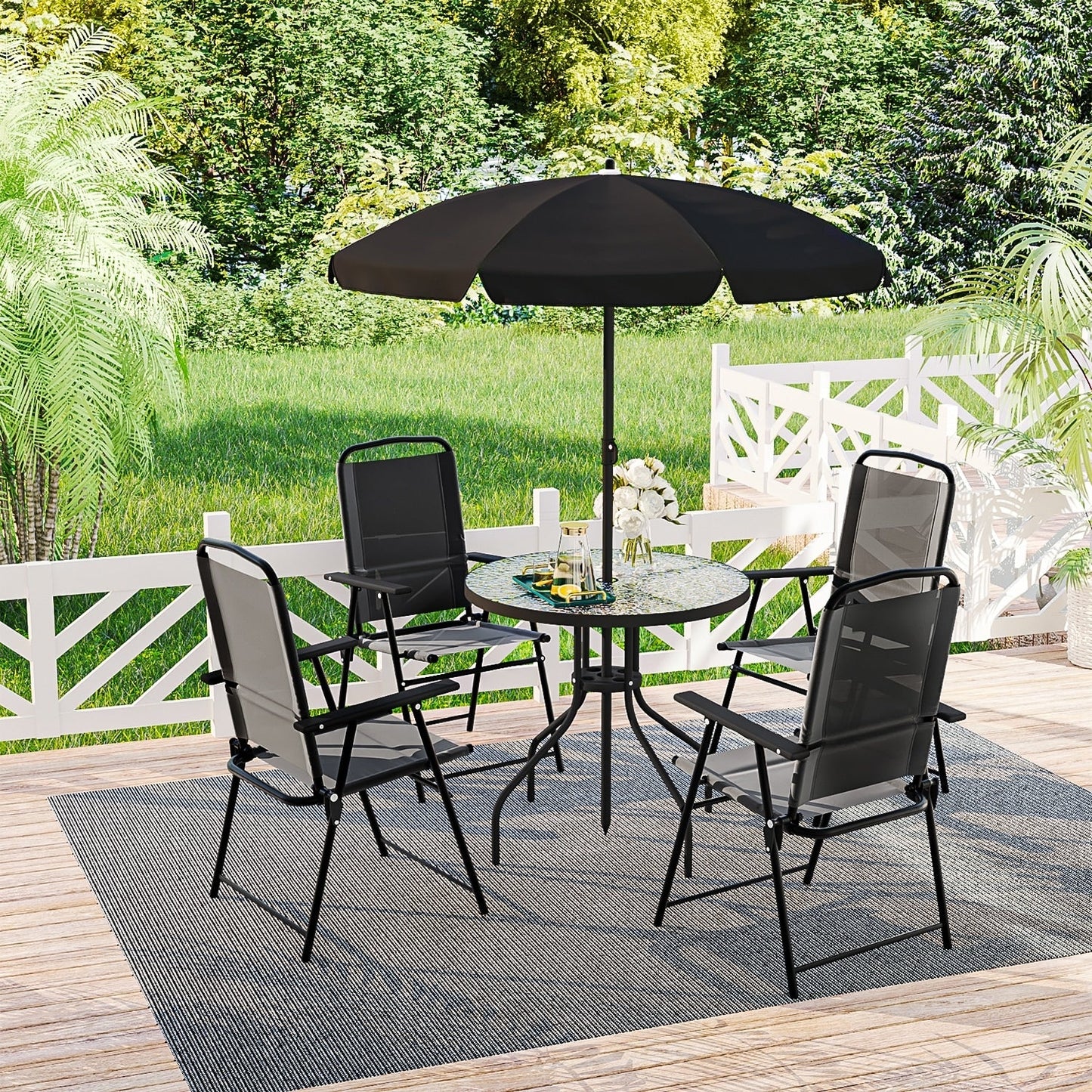 BOSSIN 6 Piece Foldable Metal Outdoor Dining Set with Umbrella, Table & Chairs for Deck, Lawn, Backyard