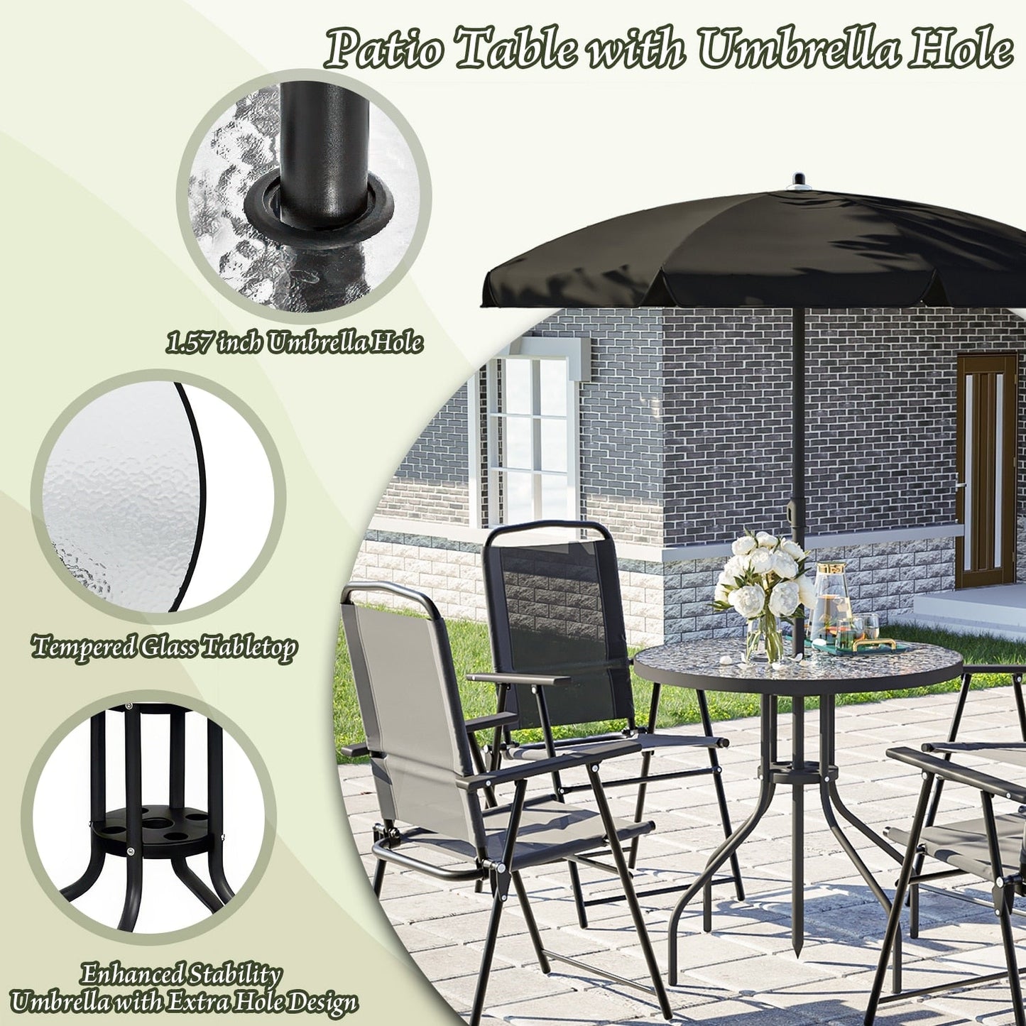 BOSSIN 6 Piece Foldable Metal Outdoor Dining Set with Umbrella, Table & Chairs for Deck, Lawn, Backyard