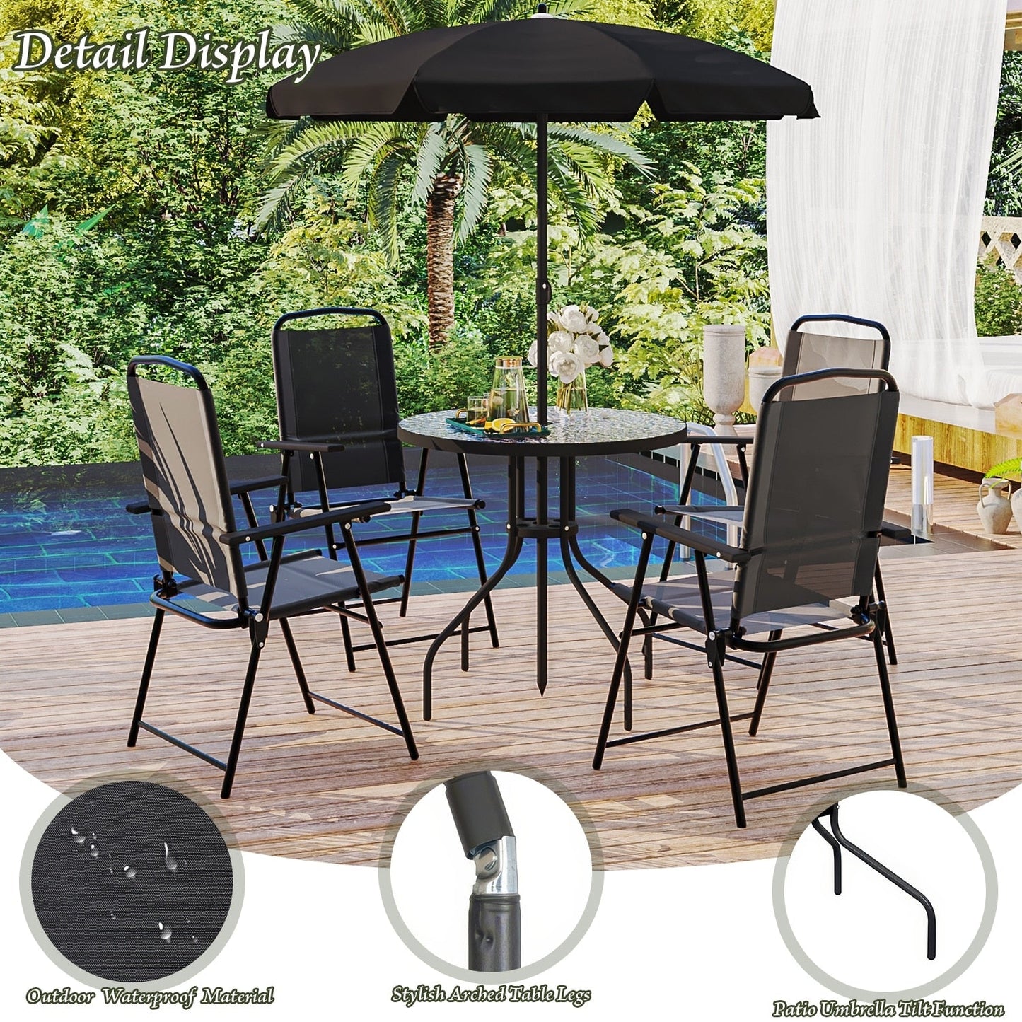 BOSSIN 6 Piece Foldable Metal Outdoor Dining Set with Umbrella, Table & Chairs for Deck, Lawn, Backyard