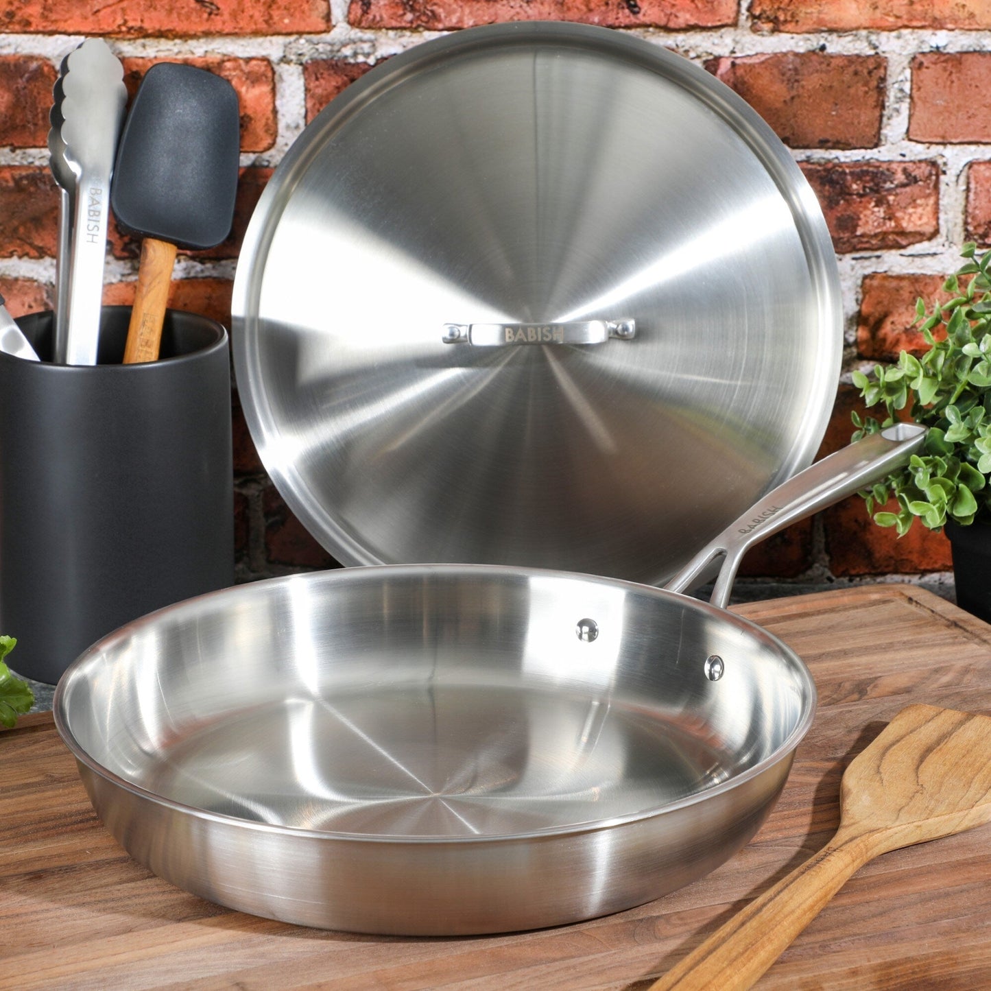 Babish 12 Inch Stainless Steel Triply Professional Grade Fry Pan w/ Stainless Lid