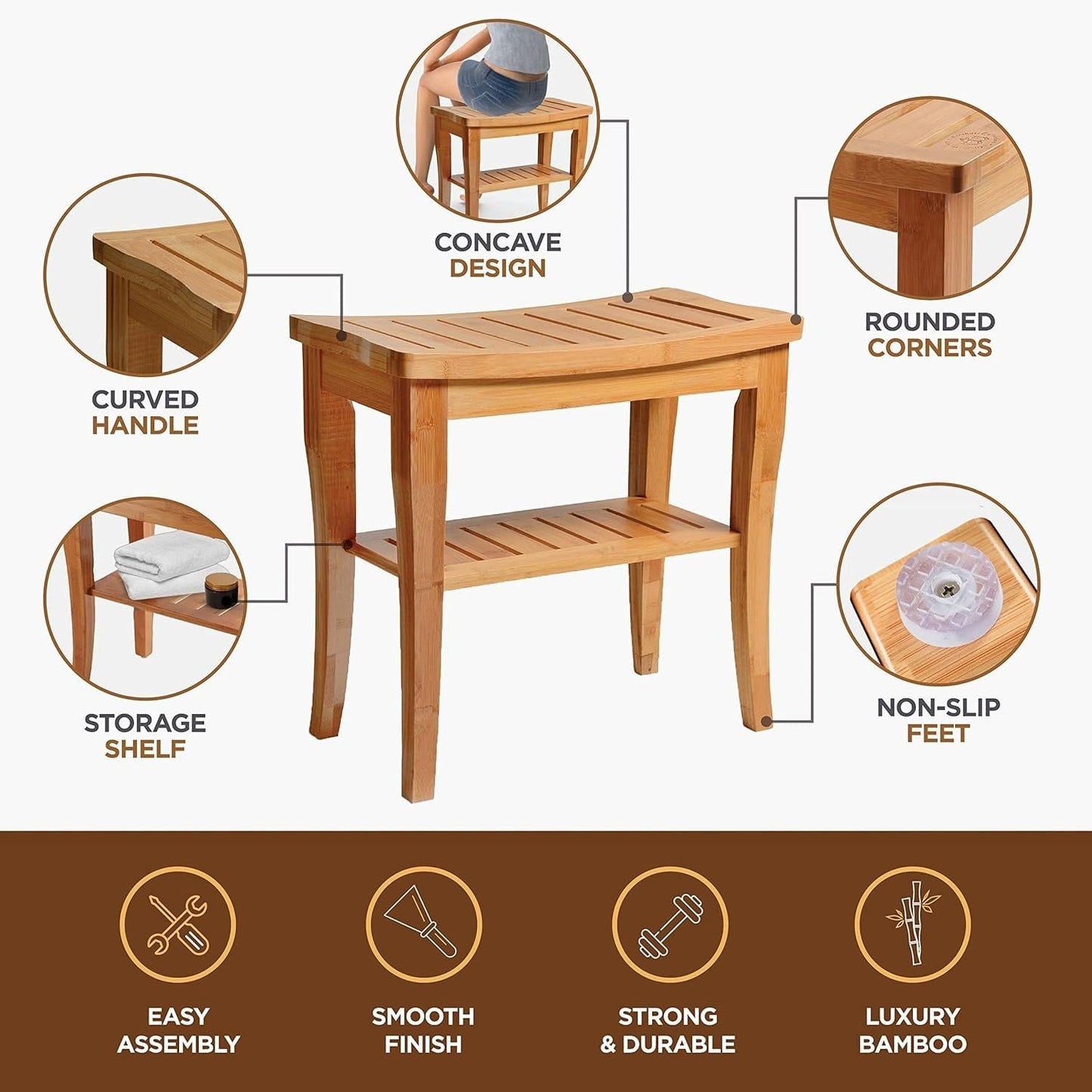Bamboo Shower Bench Spa Stool - Wood 2-Tier Seat, Foot Rest Shaving Stool with Non-Slip Feet + Storage Shelf