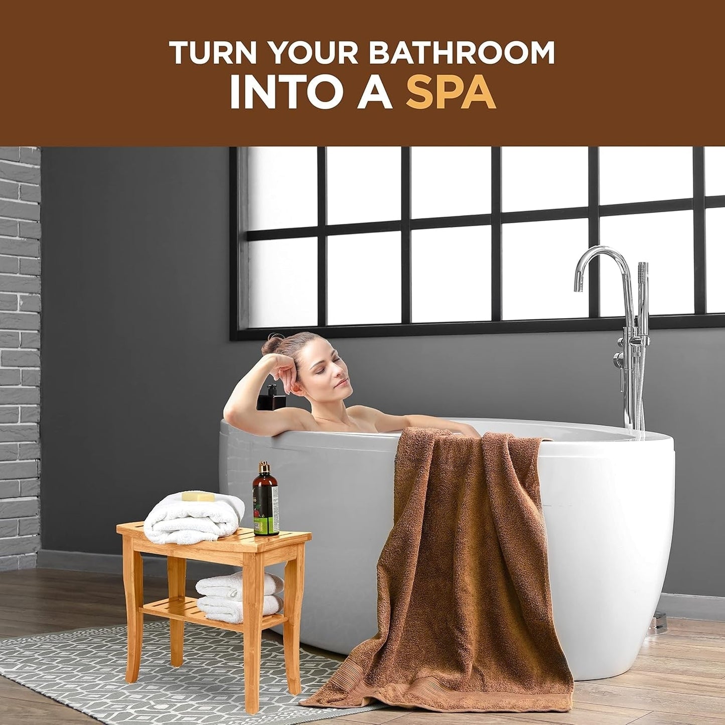Bamboo Shower Bench Spa Stool - Wood 2-Tier Seat, Foot Rest Shaving Stool with Non-Slip Feet + Storage Shelf