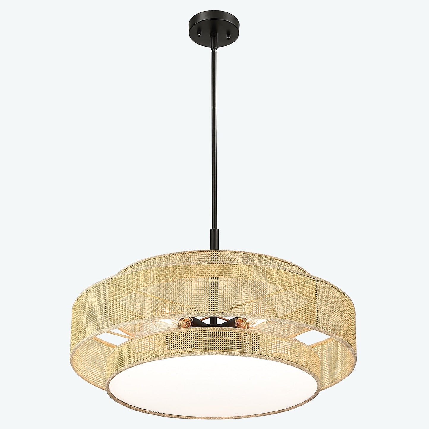 Bayou 5-Light Black Coastal Drum Chandelier with Double Rattan Shade - 24''W