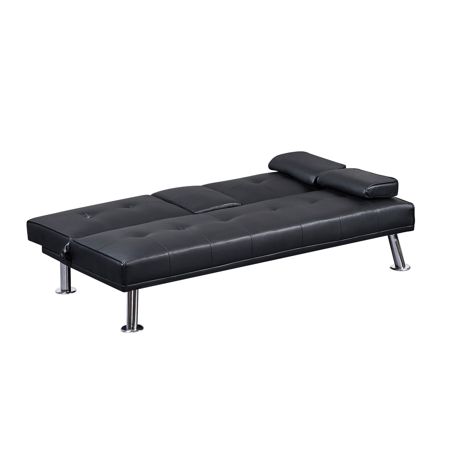Black Faux Leather Loveseat Sofa Bed With Cup Holders , Convertible Folding Sleeper Couch Bed . - 31.50 x 65.75 x 29.53