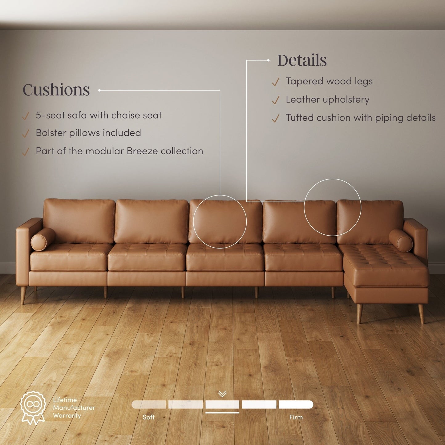 Breeze Mid Century Modern Sofa, Leather Couch with Tufted Cushion and Solid Wood Frame