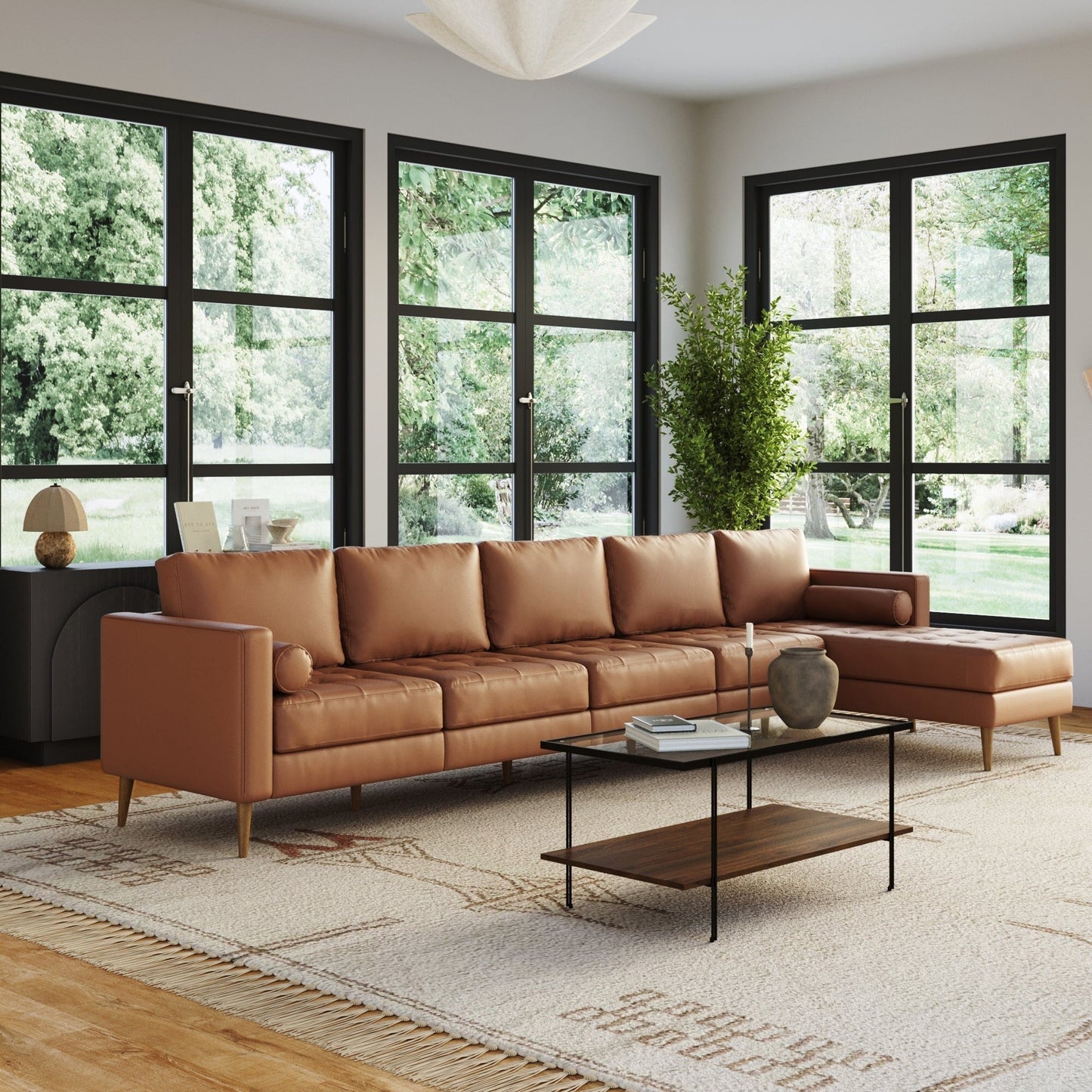 Breeze Mid Century Modern Sofa, Leather Couch with Tufted Cushion and Solid Wood Frame