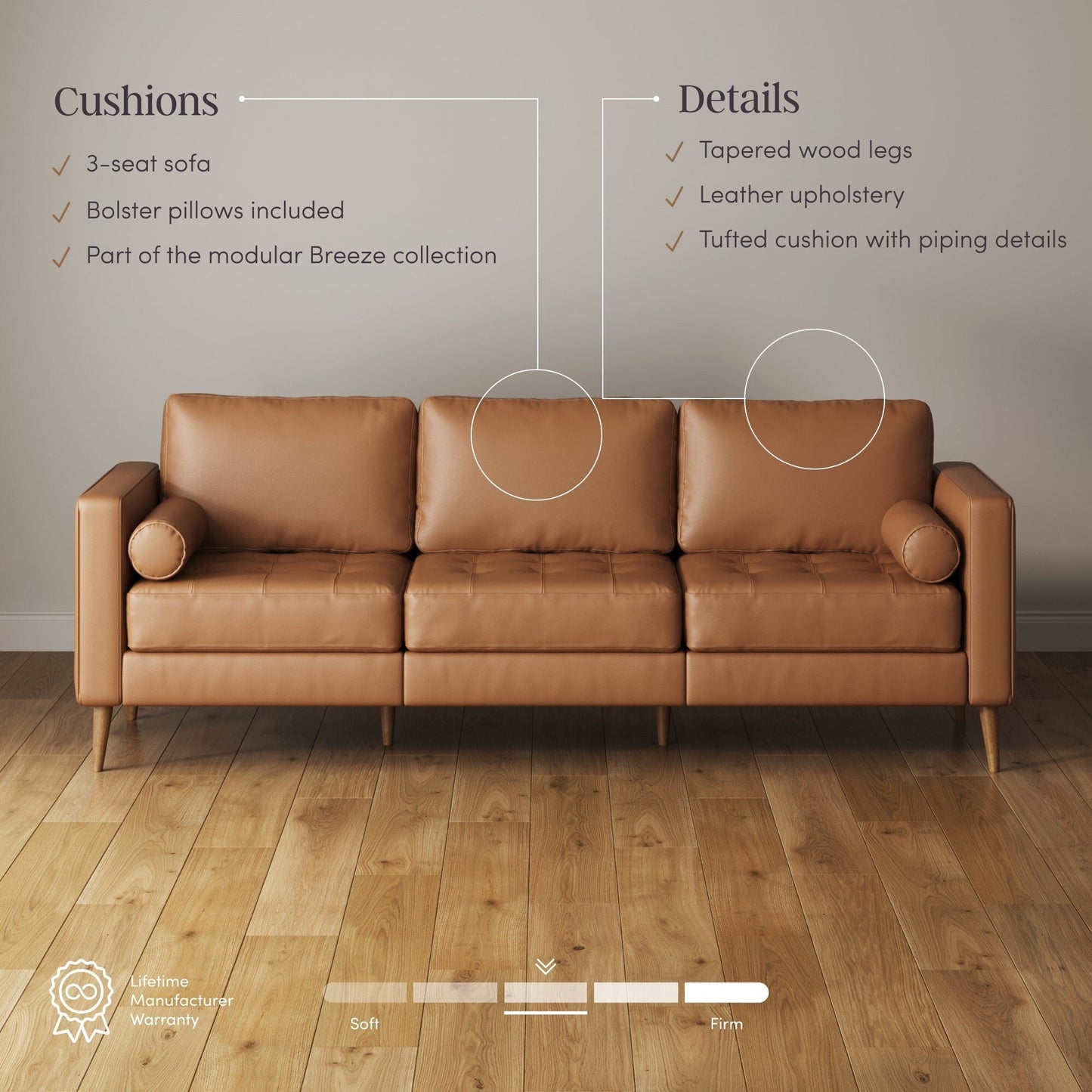 Breeze Mid Century Modern Sofa, Leather Couch with Tufted Cushion and Solid Wood Frame