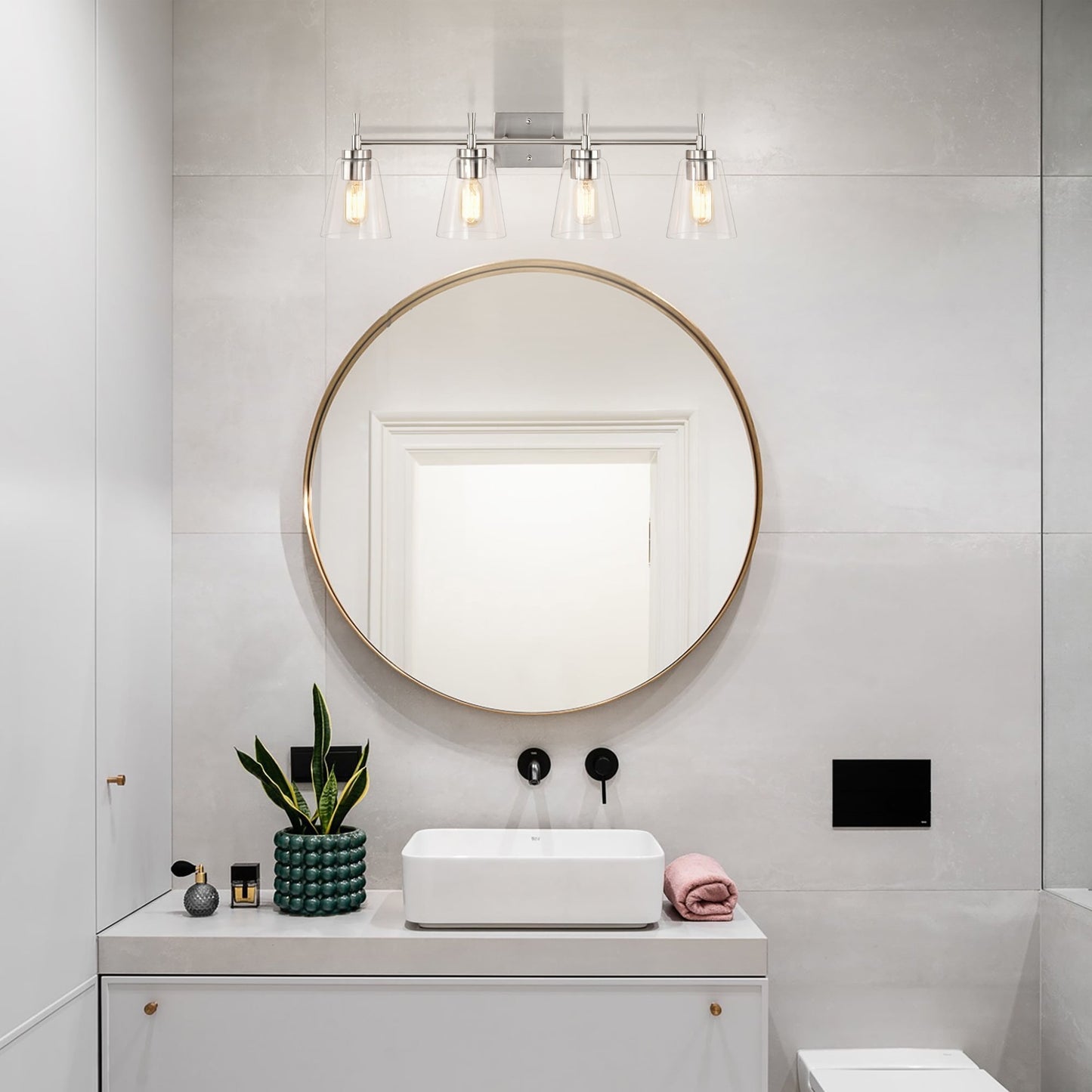 Brushed Nickel 4-Light Modern Vanity Light with Clear Cone Glass Shades - Brushed Nickel