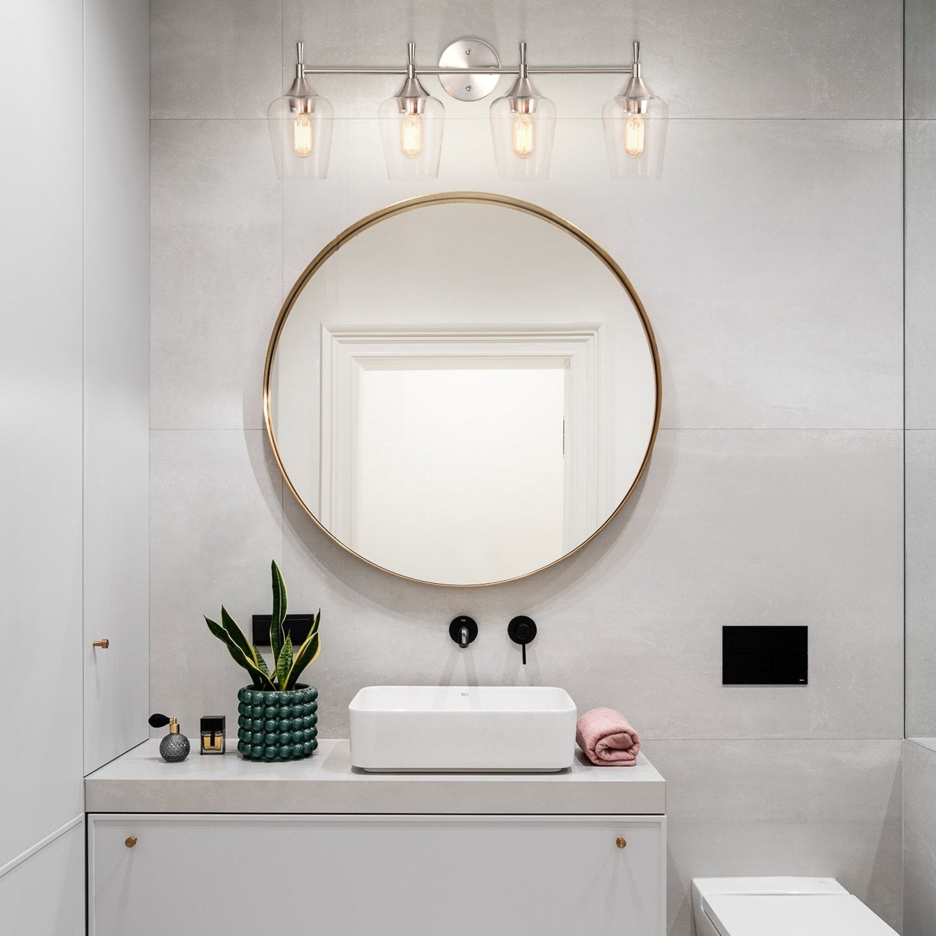 Brushed Nickel 4-Light Modern Vanity Light with Clear Glass Shades - Brushed Nickel