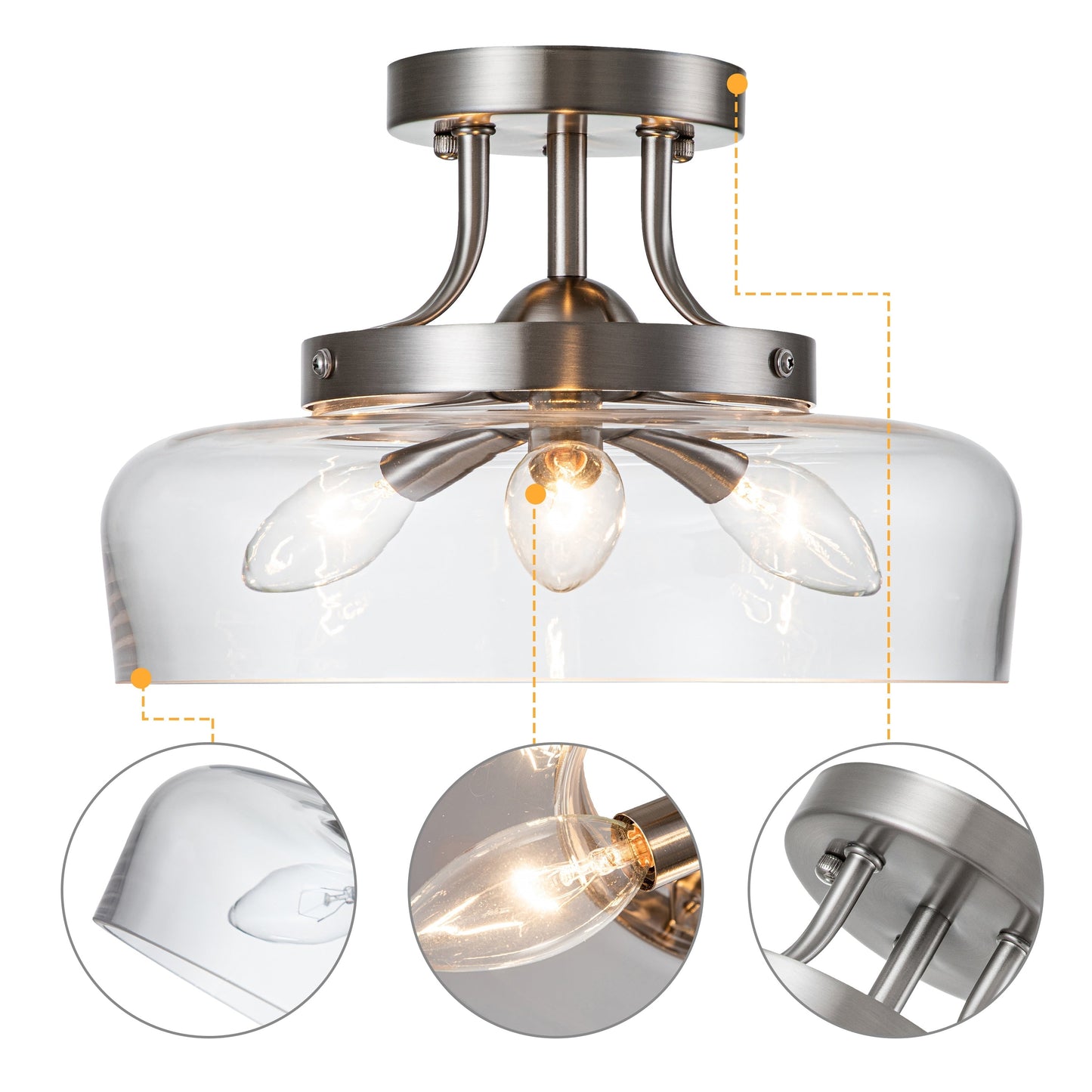 C Cattleya 3-Light Satin Nickel Semi Flush Mount Ceiling Light with Glass Shade