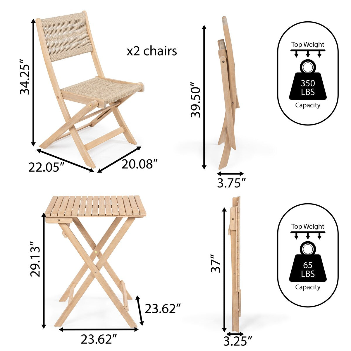 Cadiz Modern Coastal 3-Piece Acacia Wood Outdoor Folding Bistro Set, by JONATHAN Y