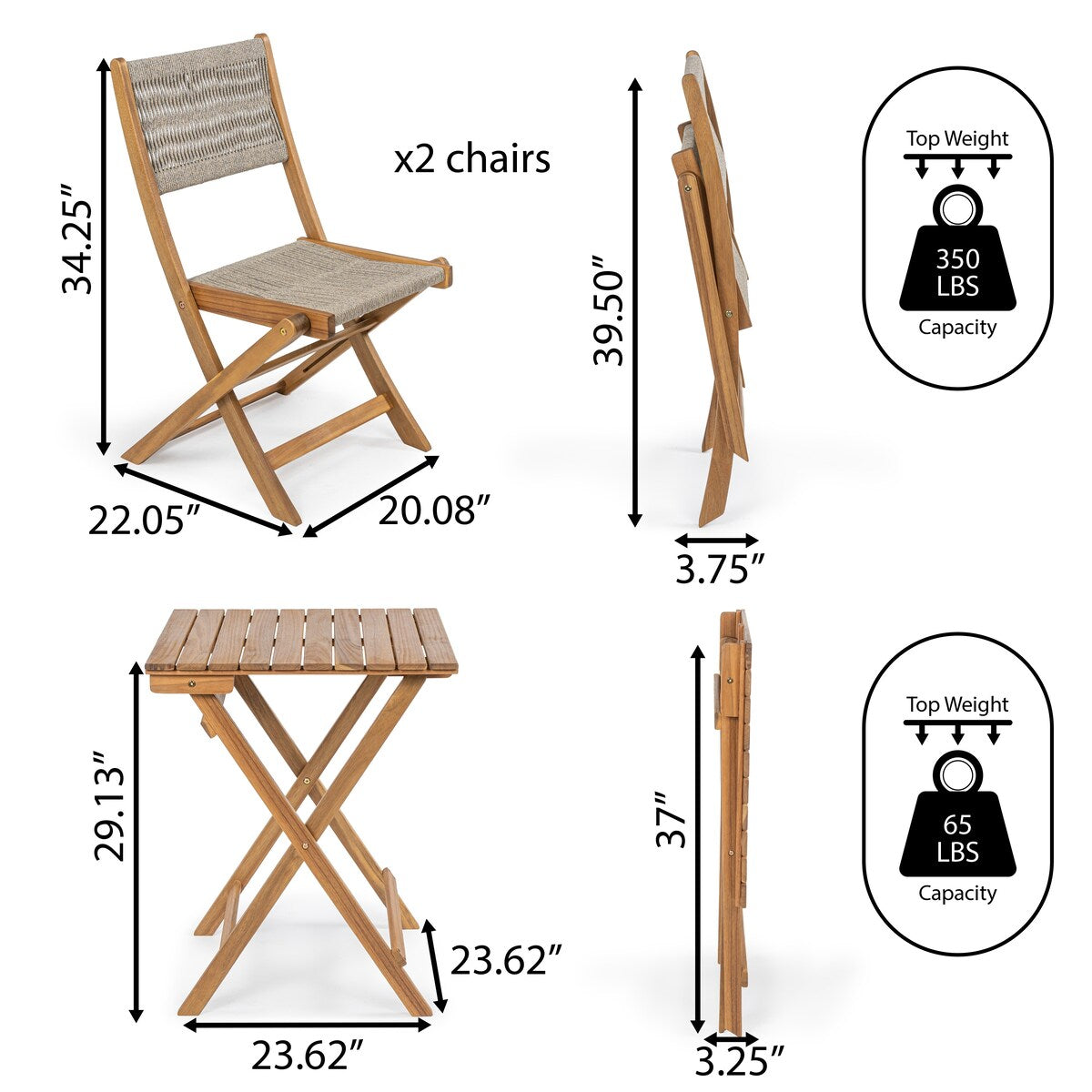 Cadiz Modern Coastal 3-Piece Acacia Wood Outdoor Folding Bistro Set, by JONATHAN Y