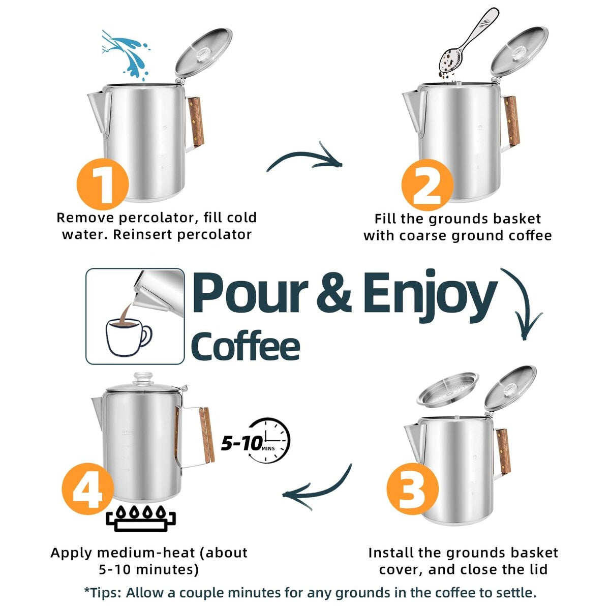 Camping Percolator Coffee Pot 12 Cup Stove Top Coffee Percolator Non Electric Coffee Maker Camping Stainless Steel Coffee