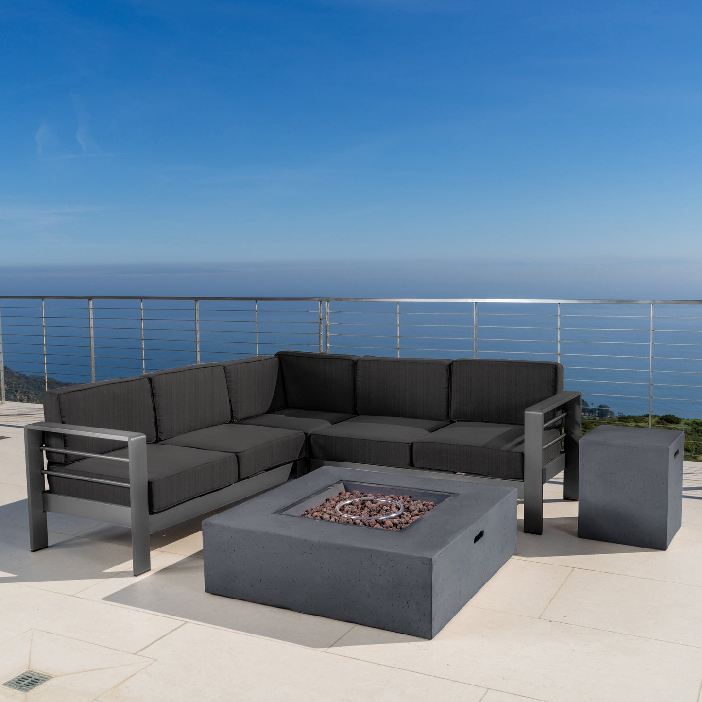 Cape Coral Aluminum Outdoor Sectional Sofa Set with Fire Table by Christopher Knight Home