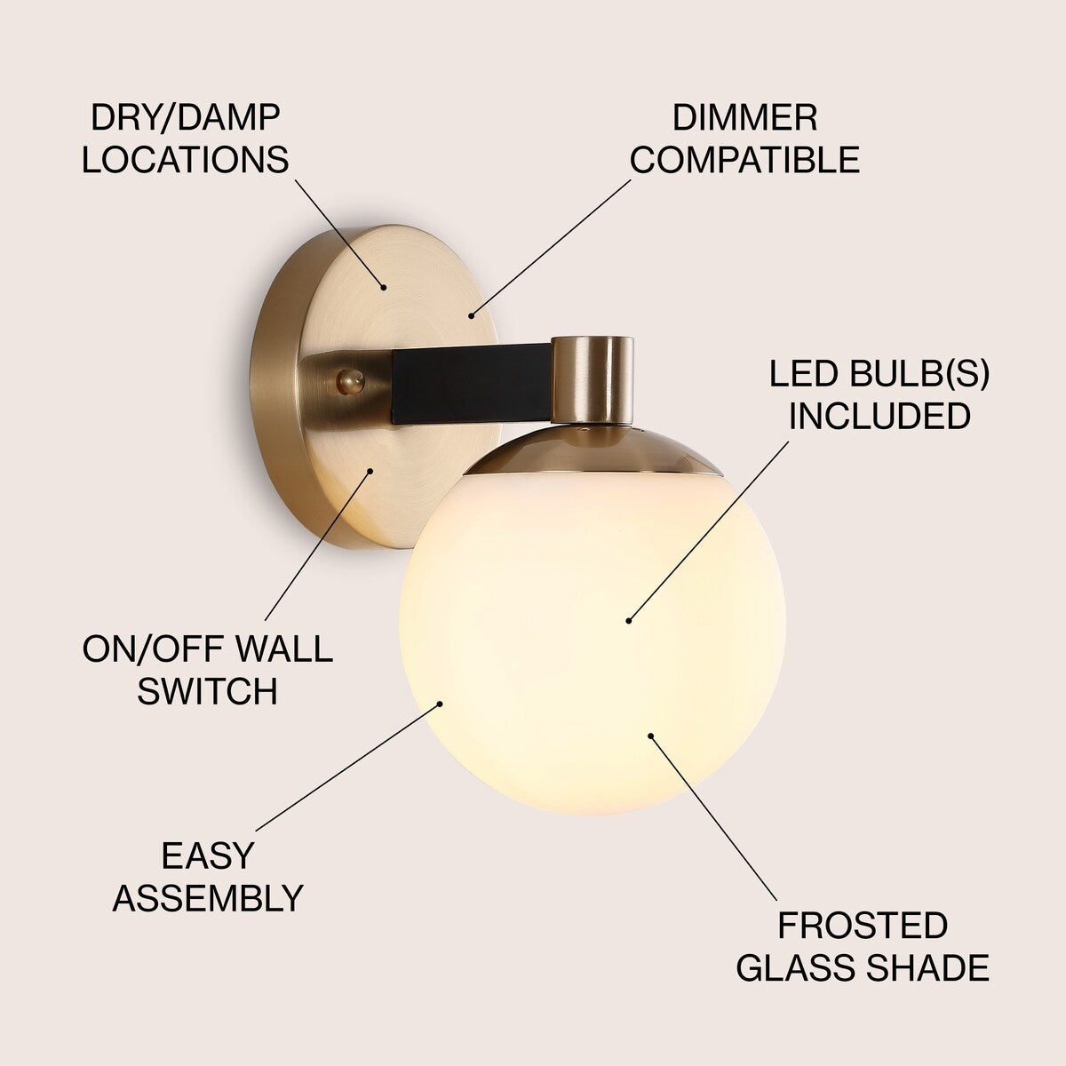 Cecil Globe Metal/Frosted Glass Modern Contemporary LED Vanity, by JONATHAN Y
