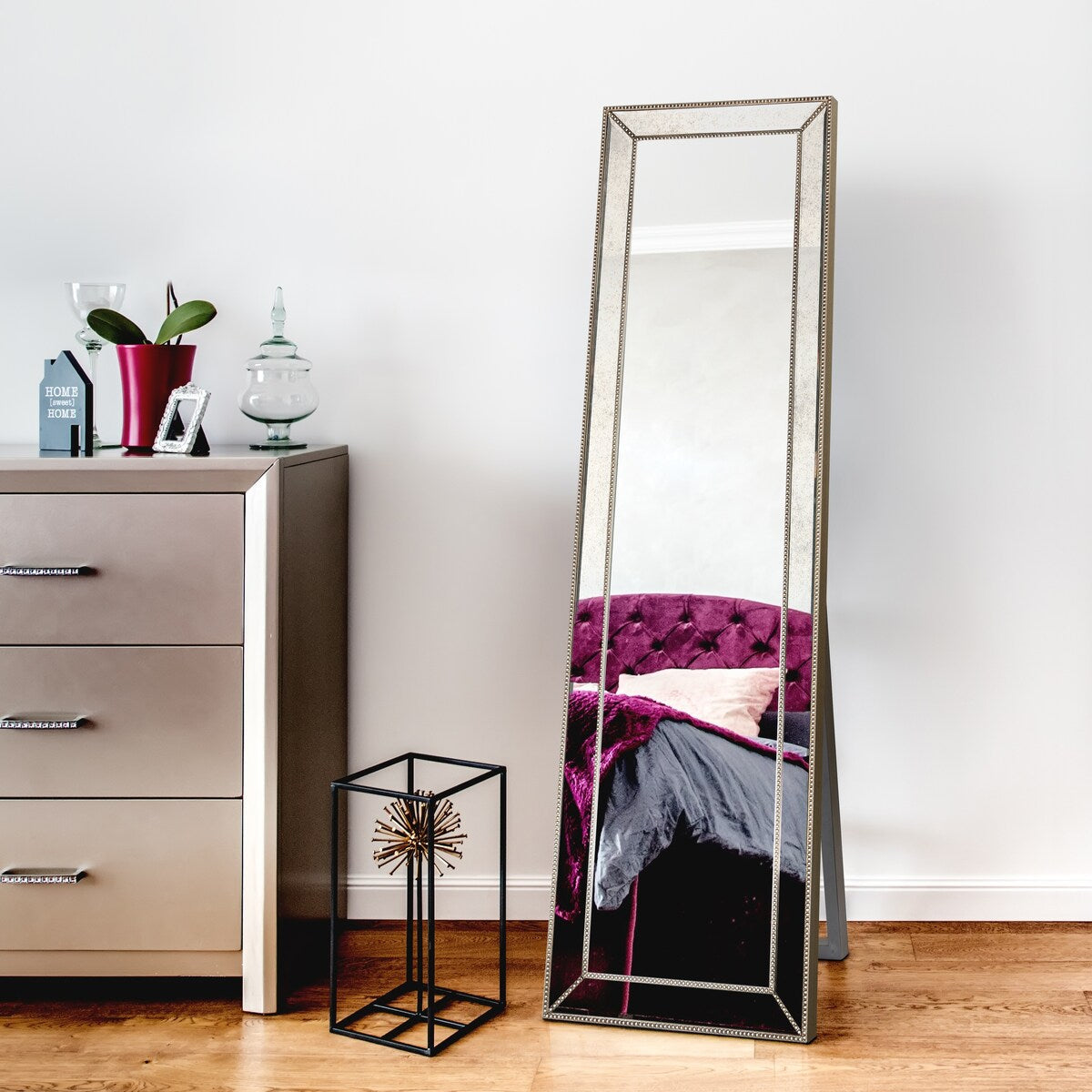 Champagne Bead Beveled Rectangular Wall Mirror - Clear