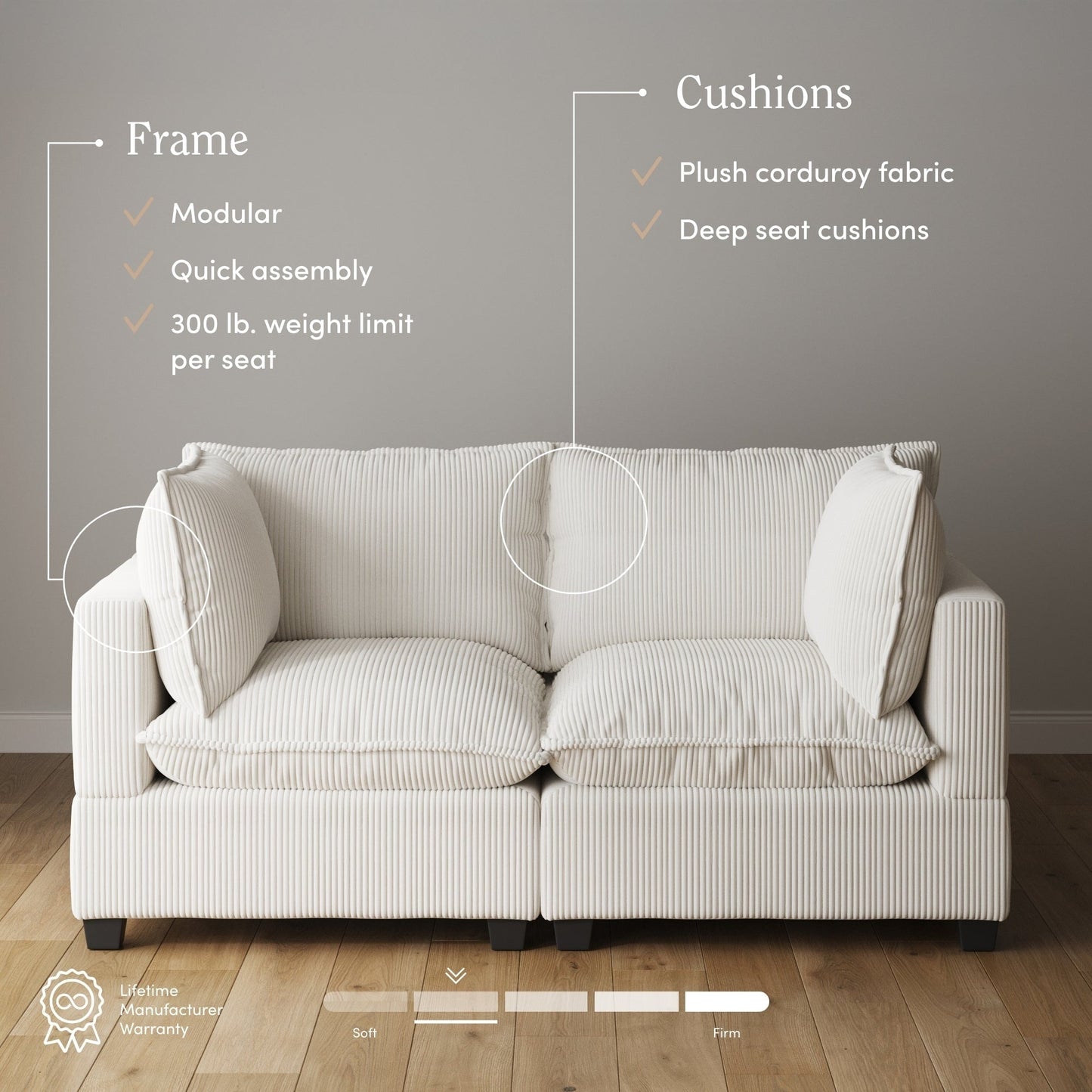 Chelsea Modern Cloud Modular Upholstered Sofa with Deep Seat and Plush Cushions