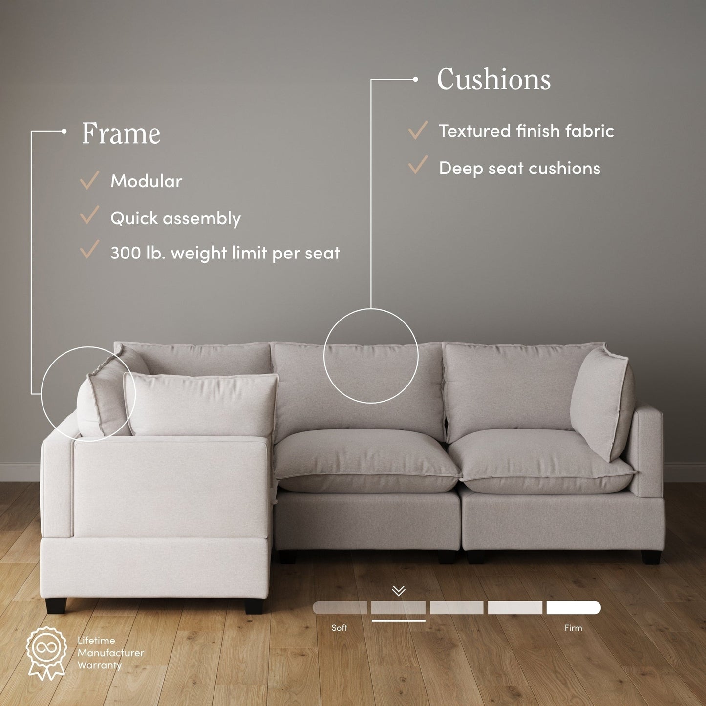 Chelsea Modern Cloud Modular Upholstered Sofa with Deep Seat and Plush Cushions