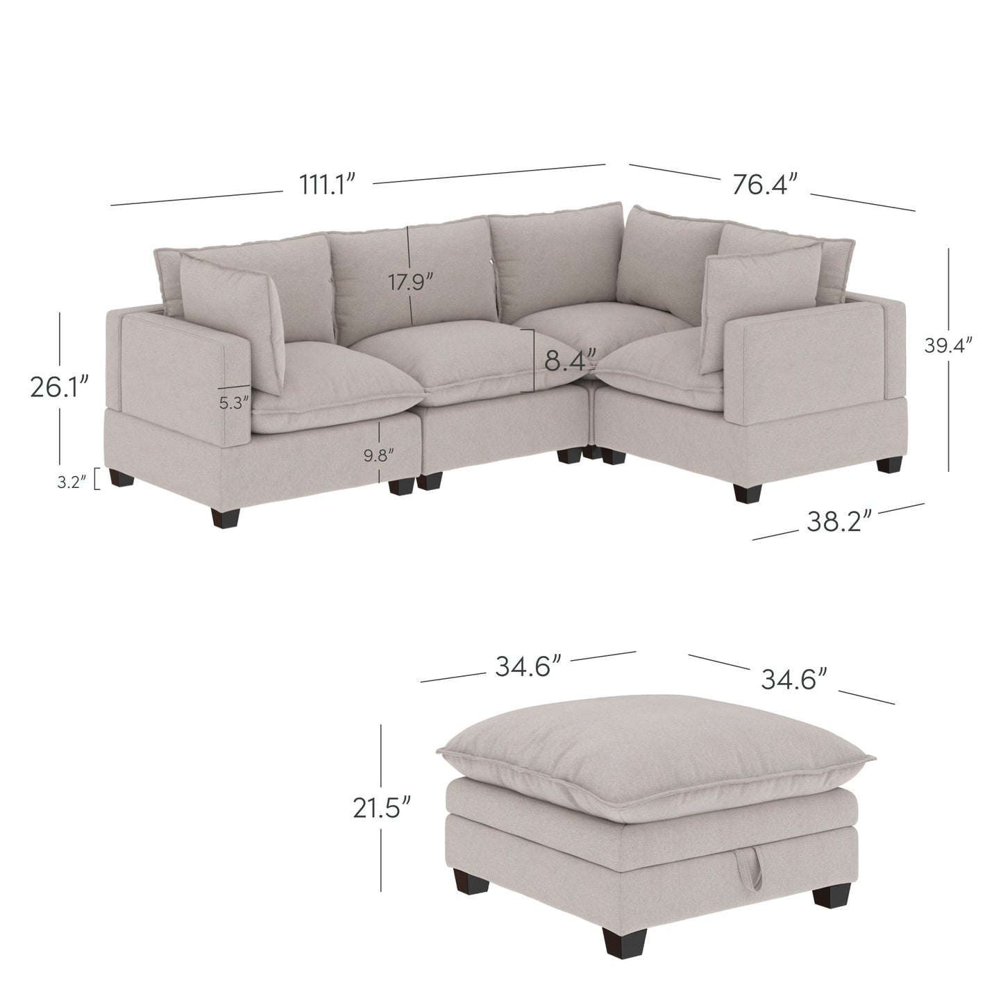 Chelsea Modern Cloud Modular Upholstered Sofa with Deep Seat and Plush Cushions