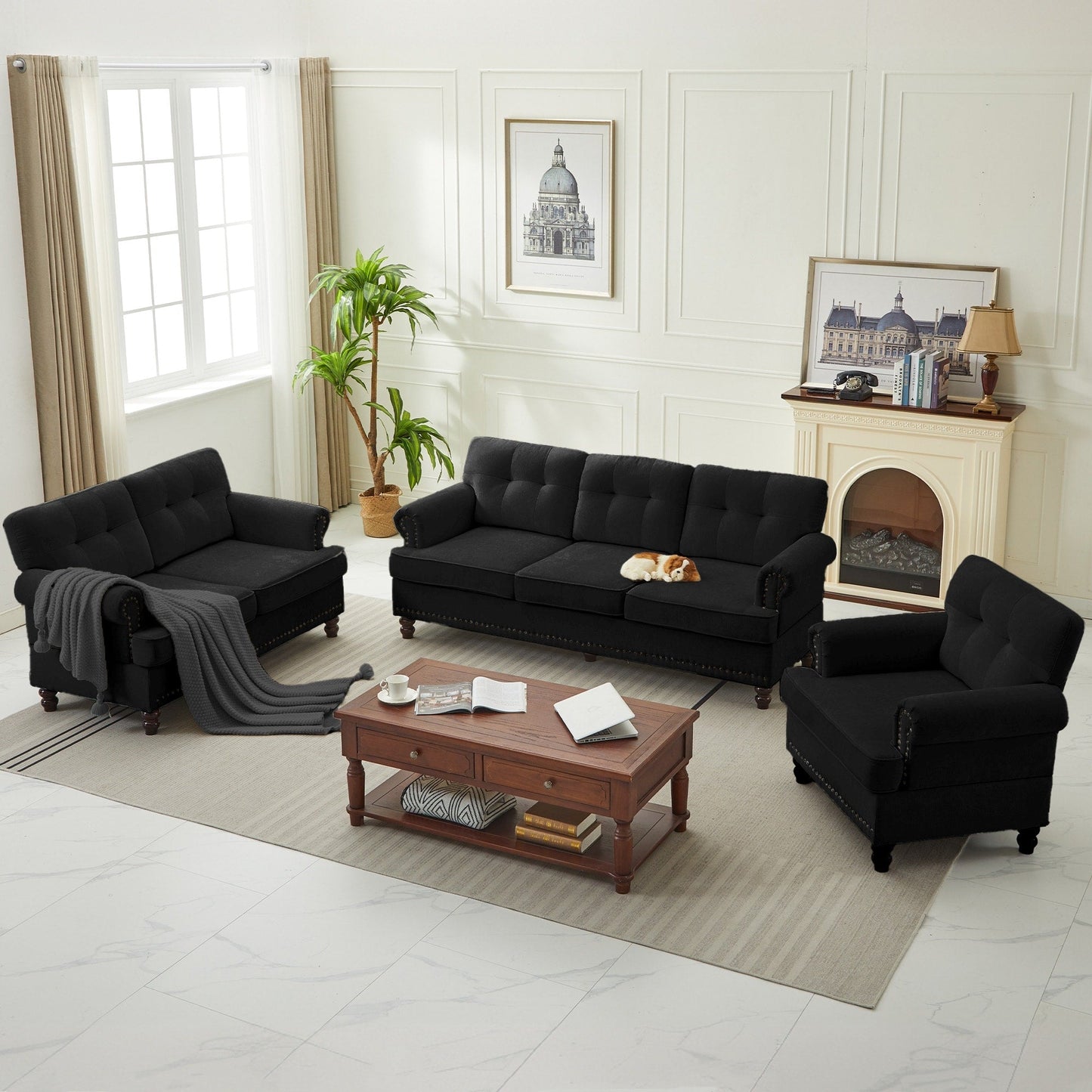 Set of 3 Chenille Sofa Set for Living Room, Button-Tufted & Nailhead Upholstery, Solid Rubberwood Legs