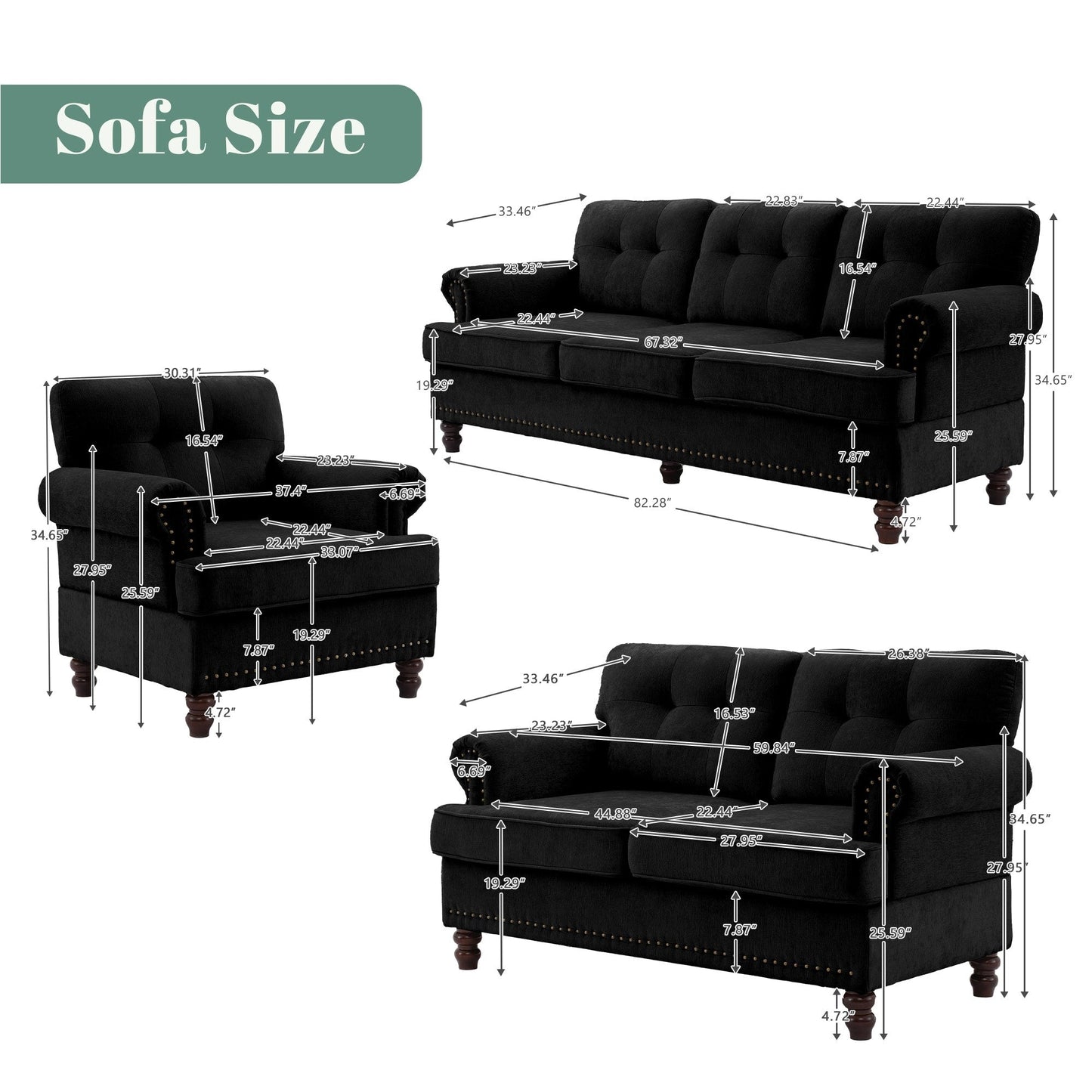 Set of 3 Chenille Sofa Set for Living Room, Button-Tufted & Nailhead Upholstery, Solid Rubberwood Legs