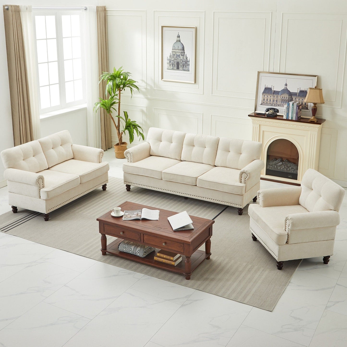 Set of 3 Chenille Sofa Set for Living Room, Button-Tufted & Nailhead Upholstery, Solid Rubberwood Legs