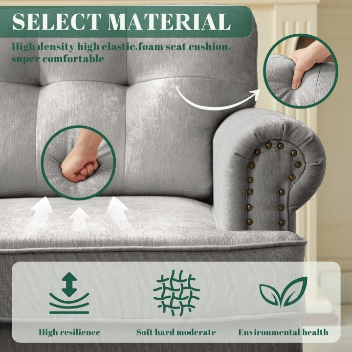 Set of 3 Chenille Sofa Set for Living Room, Button-Tufted & Nailhead Upholstery, Solid Rubberwood Legs
