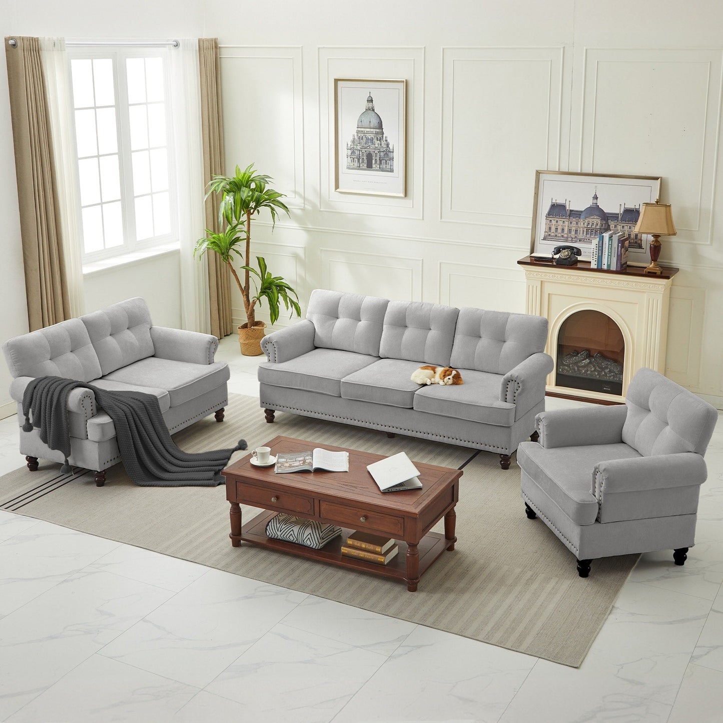 Set of 3 Chenille Sofa Set for Living Room, Button-Tufted & Nailhead Upholstery, Solid Rubberwood Legs