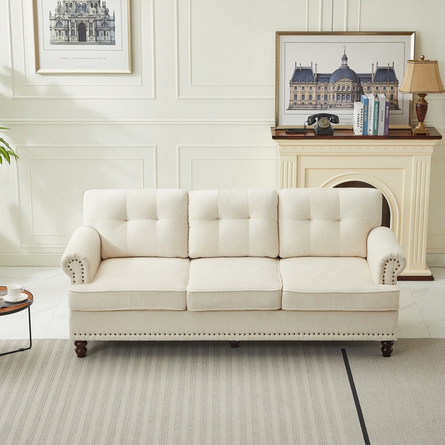 Set of 3 Chenille Sofa Set for Living Room, Button-Tufted & Nailhead Upholstery, Solid Rubberwood Legs