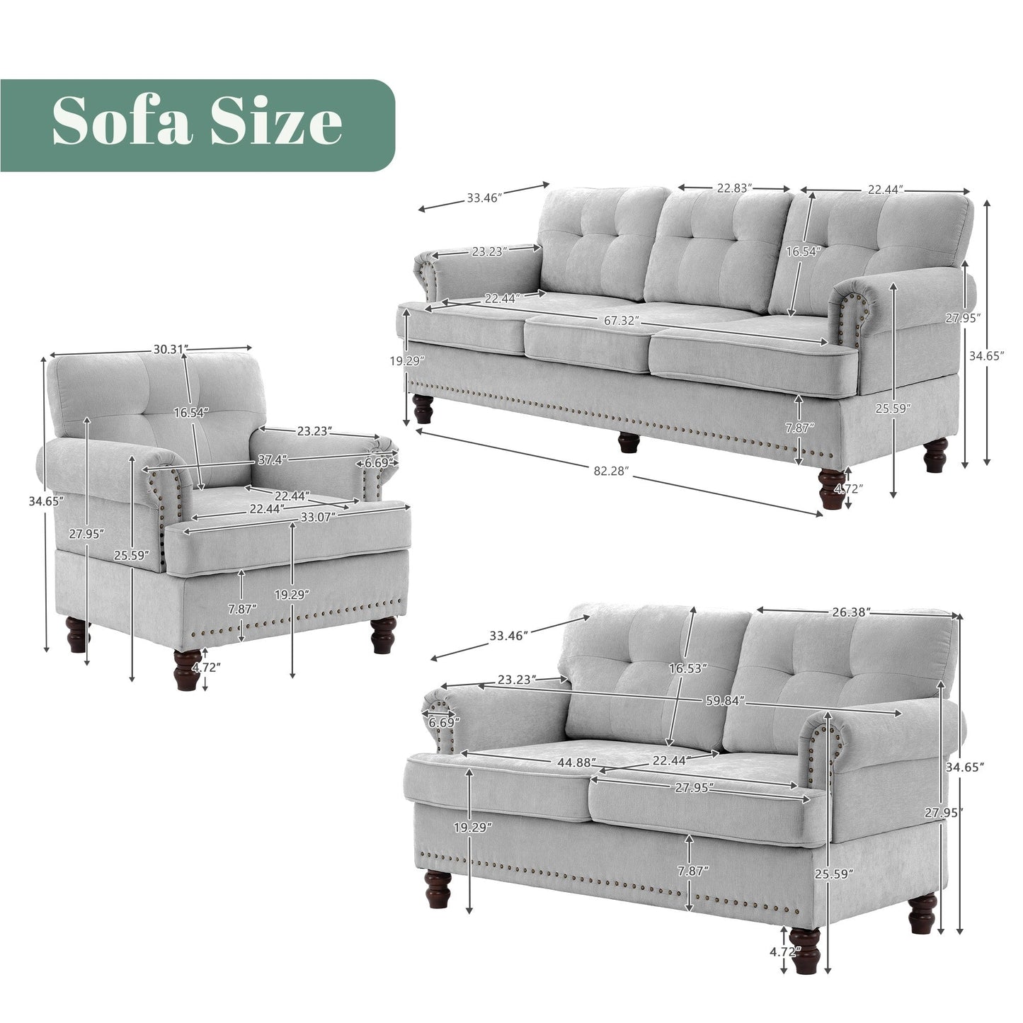 Set of 3 Chenille Sofa Set for Living Room, Button-Tufted & Nailhead Upholstery, Solid Rubberwood Legs