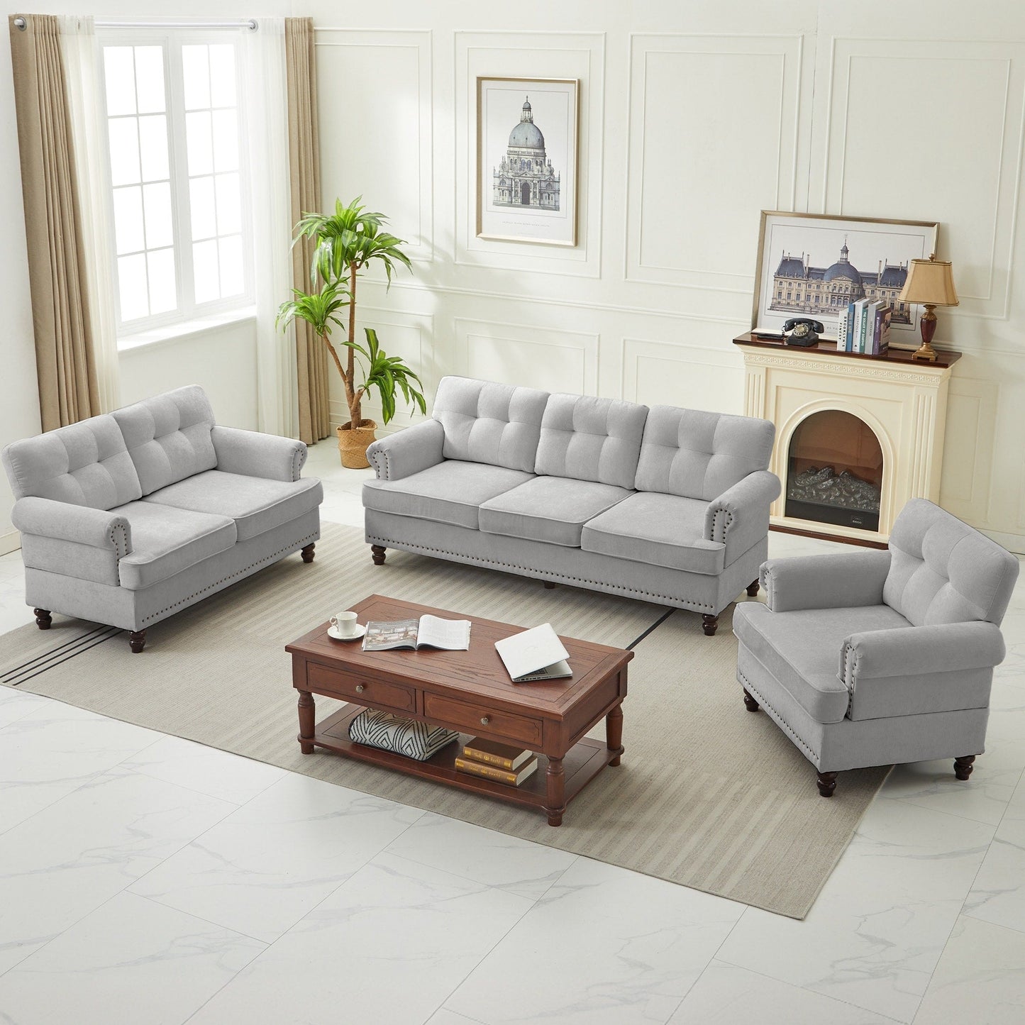 Set of 3 Chenille Sofa Set for Living Room, Button-Tufted & Nailhead Upholstery, Solid Rubberwood Legs