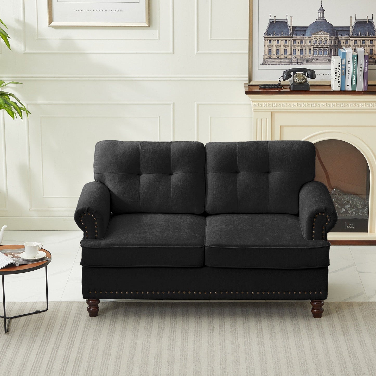 Set of 3 Chenille Sofa Set for Living Room, Button-Tufted & Nailhead Upholstery, Solid Rubberwood Legs