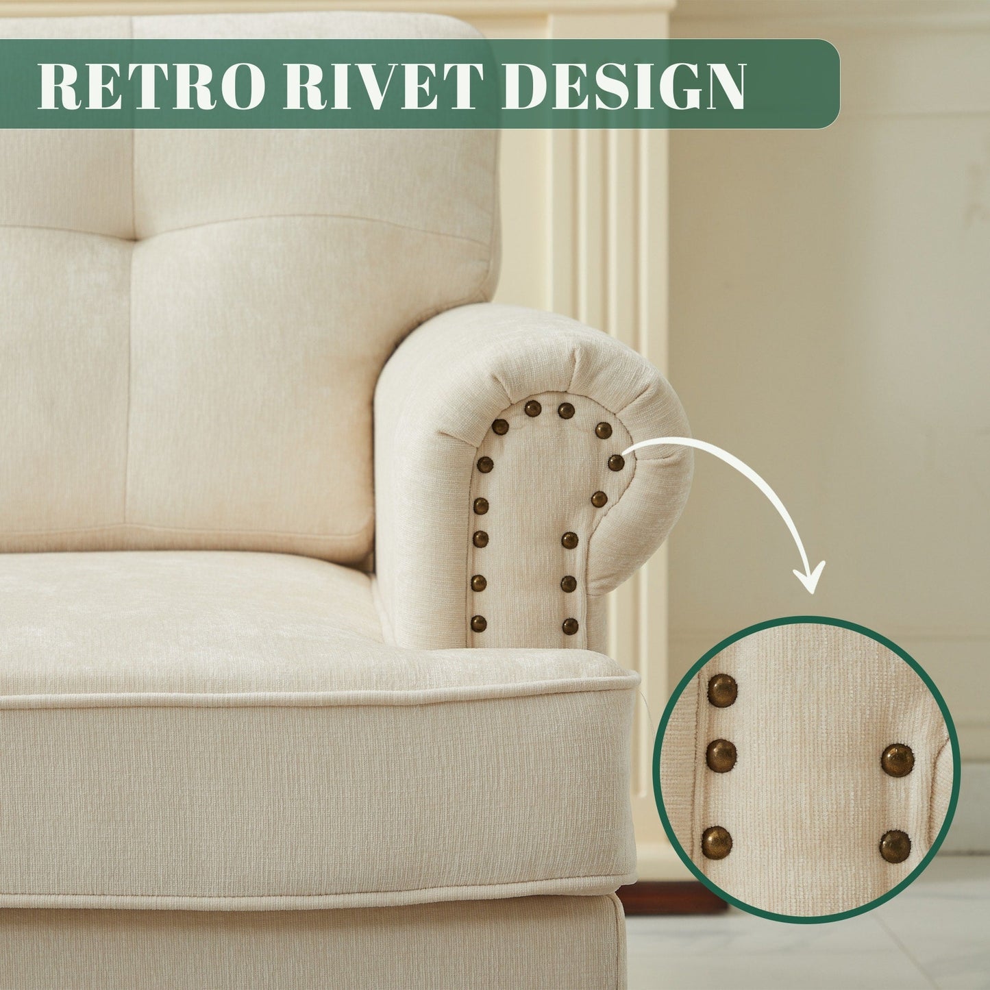 Set of 3 Chenille Sofa Set for Living Room, Button-Tufted & Nailhead Upholstery, Solid Rubberwood Legs
