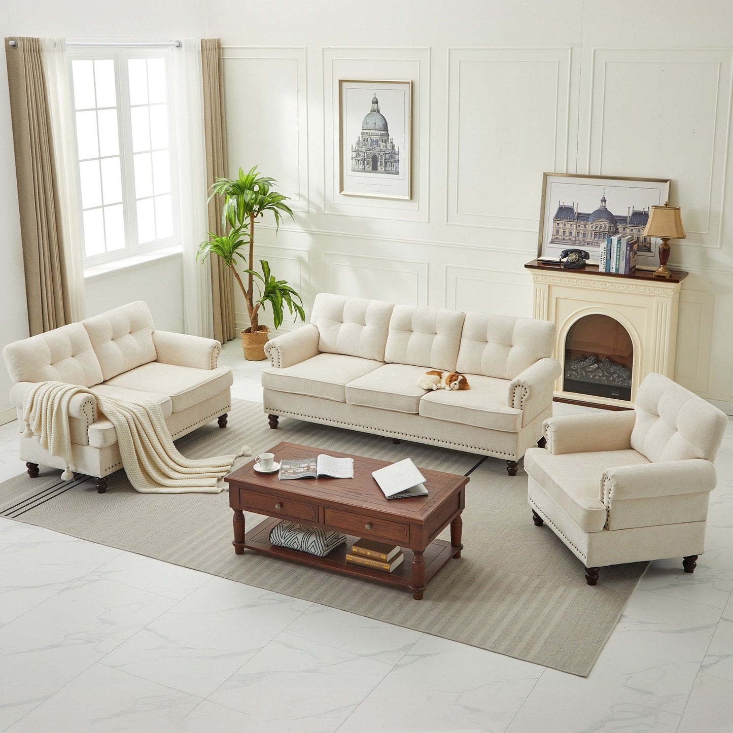 Set of 3 Chenille Sofa Set for Living Room, Button-Tufted & Nailhead Upholstery, Solid Rubberwood Legs