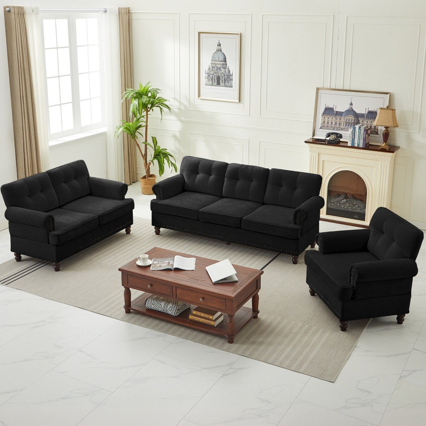 Set of 3 Chenille Sofa Set for Living Room, Button-Tufted & Nailhead Upholstery, Solid Rubberwood Legs