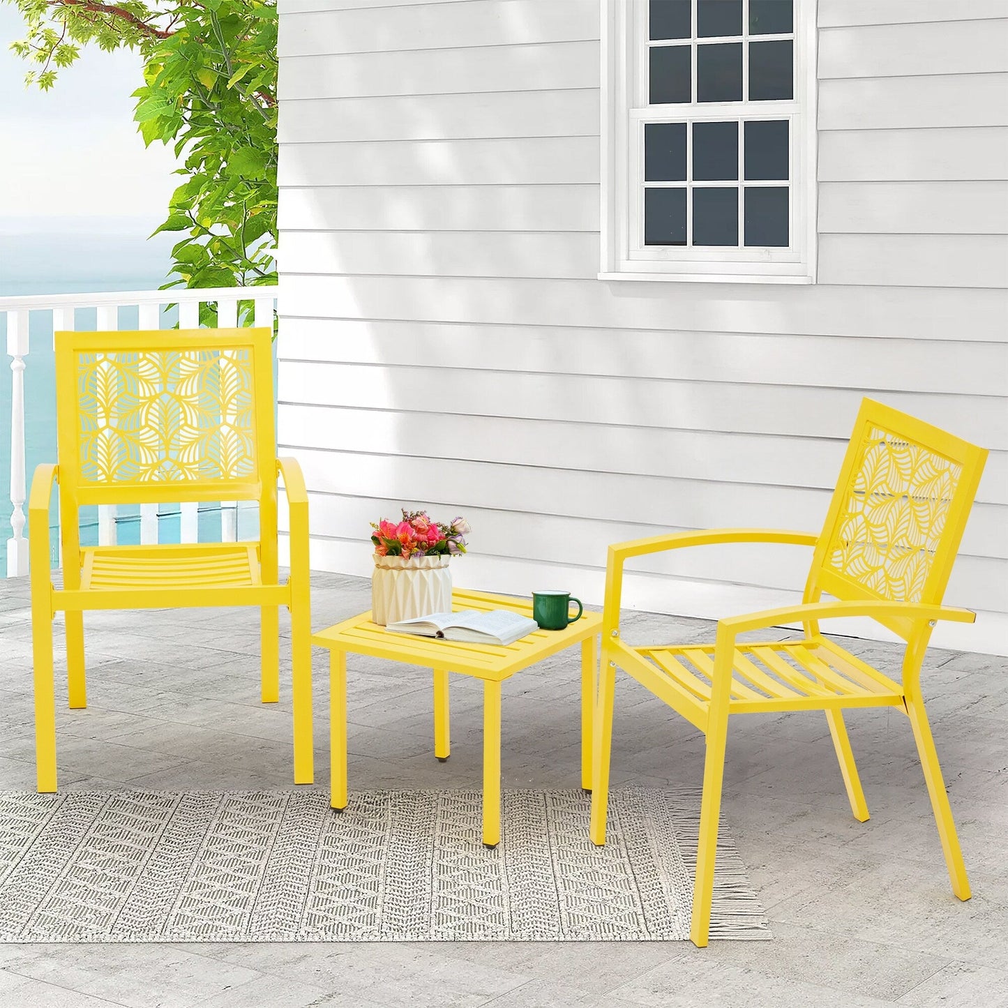 Outdoor Patio Set, Weatherproof Iron Bistro Table & Chairs, Floral Back Design, Space-Saving(Green/ Blue/ Yellow/ Black)