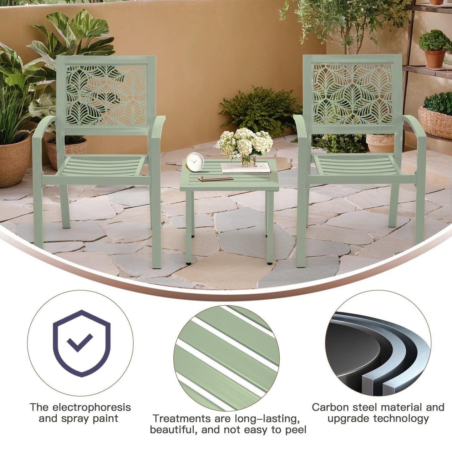 Outdoor Patio Set, Weatherproof Iron Bistro Table & Chairs, Floral Back Design, Space-Saving(Green/ Blue/ Yellow/ Black)
