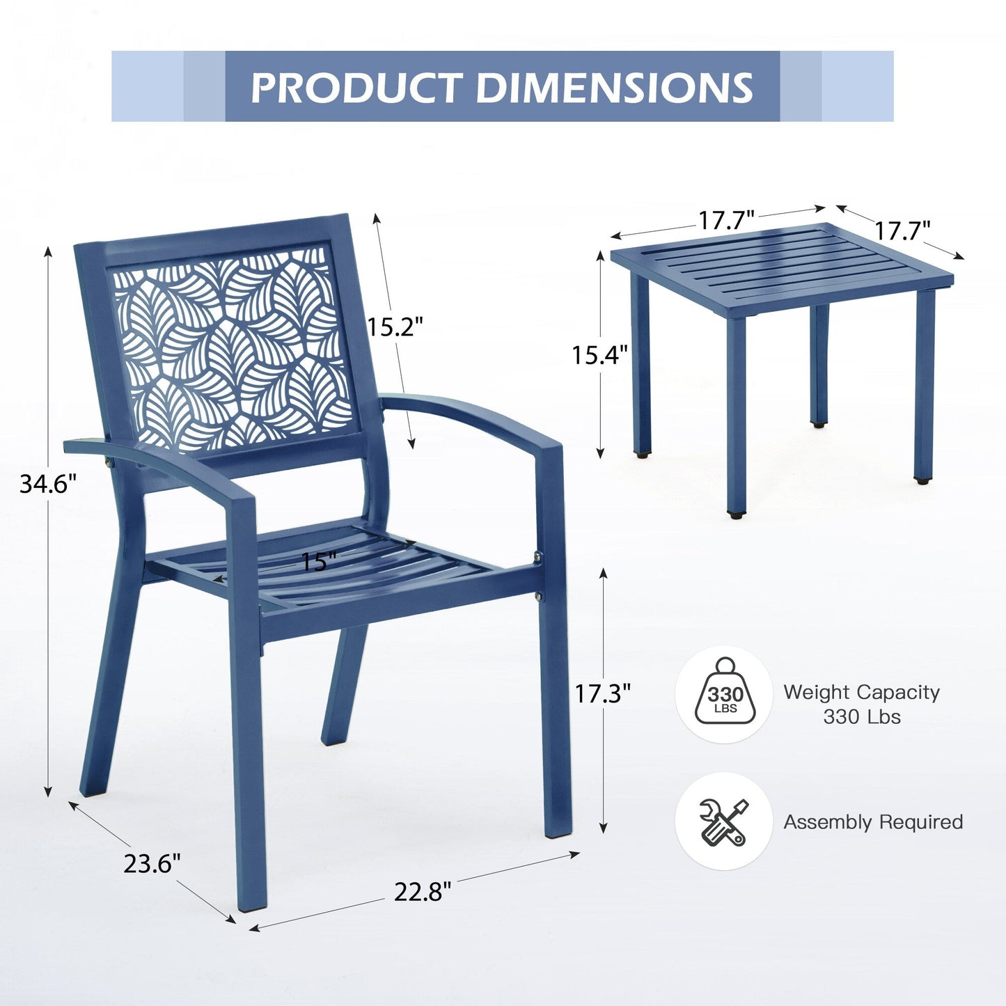 Outdoor Patio Set, Weatherproof Iron Bistro Table & Chairs, Floral Back Design, Space-Saving(Green/ Blue/ Yellow/ Black)