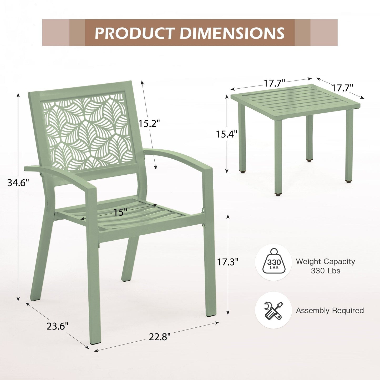 Outdoor Patio Set, Weatherproof Iron Bistro Table & Chairs, Floral Back Design, Space-Saving(Green/ Blue/ Yellow/ Black)