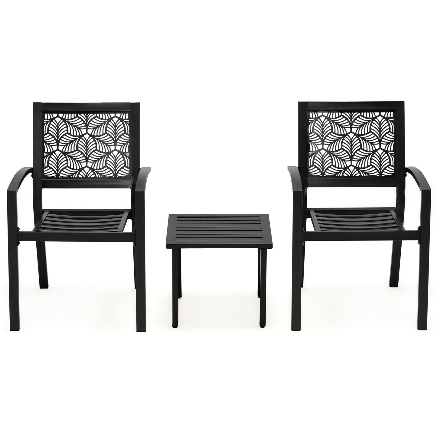 Outdoor Patio Set, Weatherproof Iron Bistro Table & Chairs, Floral Back Design, Space-Saving(Green/ Blue/ Yellow/ Black)