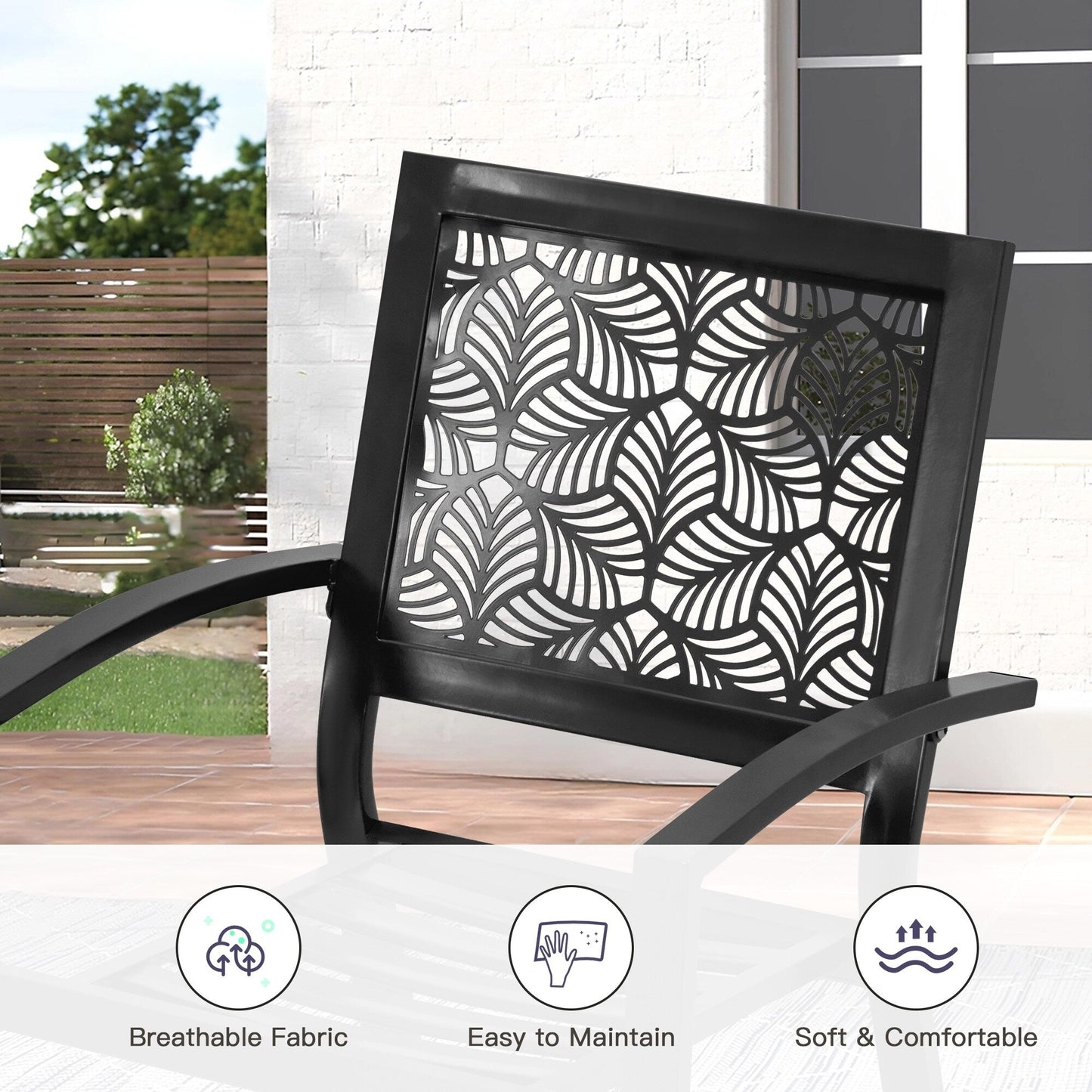 Outdoor Patio Set, Weatherproof Iron Bistro Table & Chairs, Floral Back Design, Space-Saving(Green/ Blue/ Yellow/ Black)