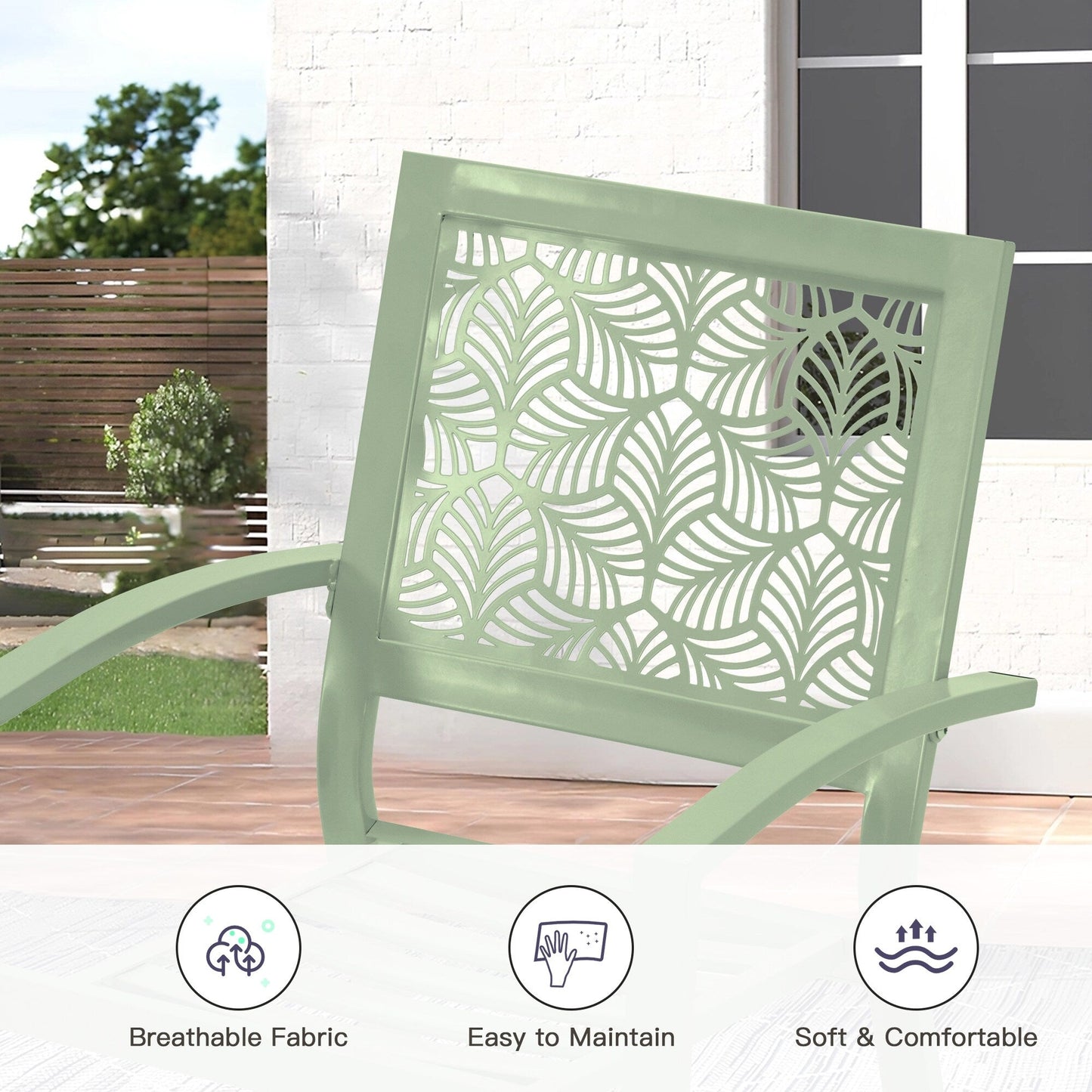 Outdoor Patio Set, Weatherproof Iron Bistro Table & Chairs, Floral Back Design, Space-Saving(Green/ Blue/ Yellow/ Black)