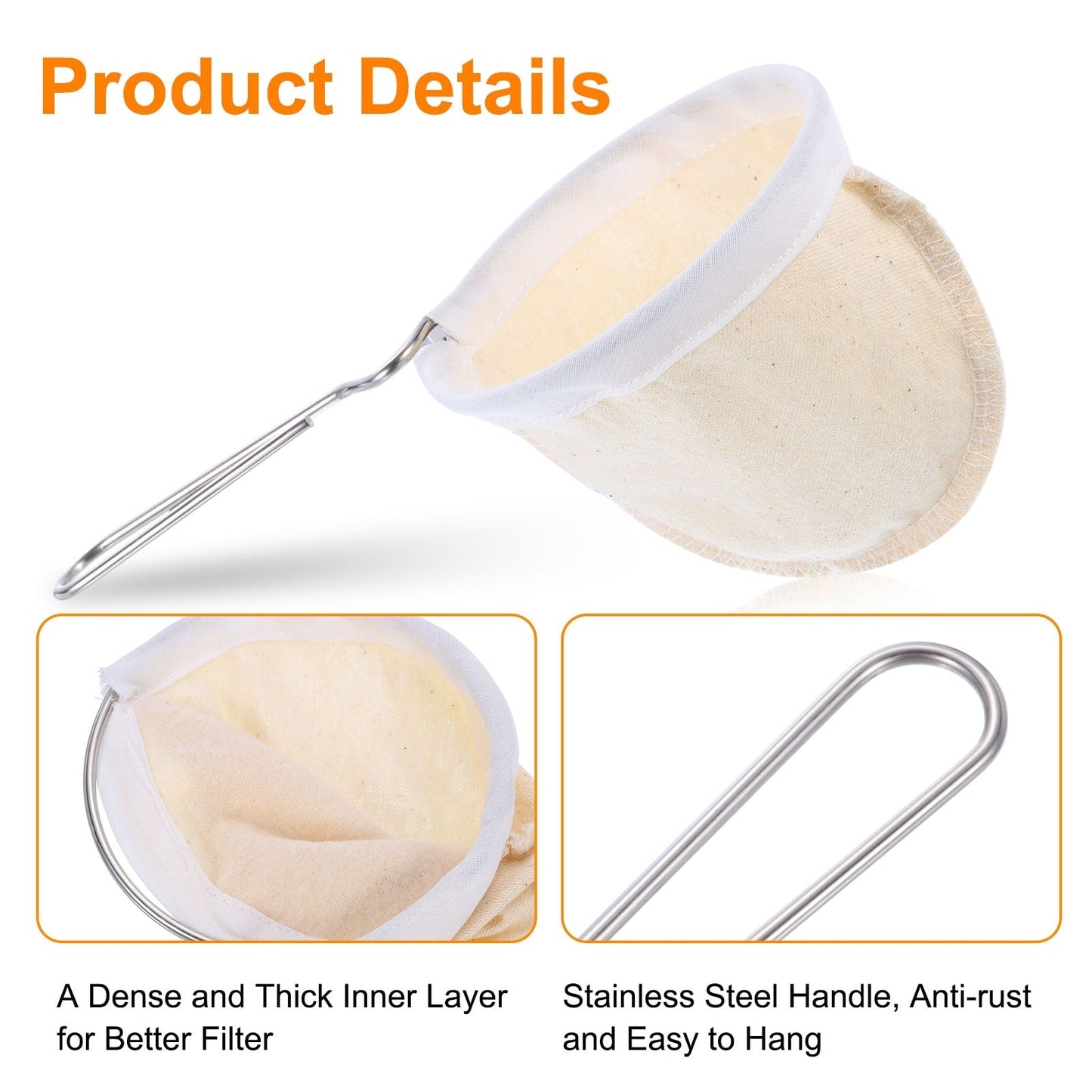 Cloth Coffee Filter, Cafe Sock Strainer with Stainless Steel Handle, Beige