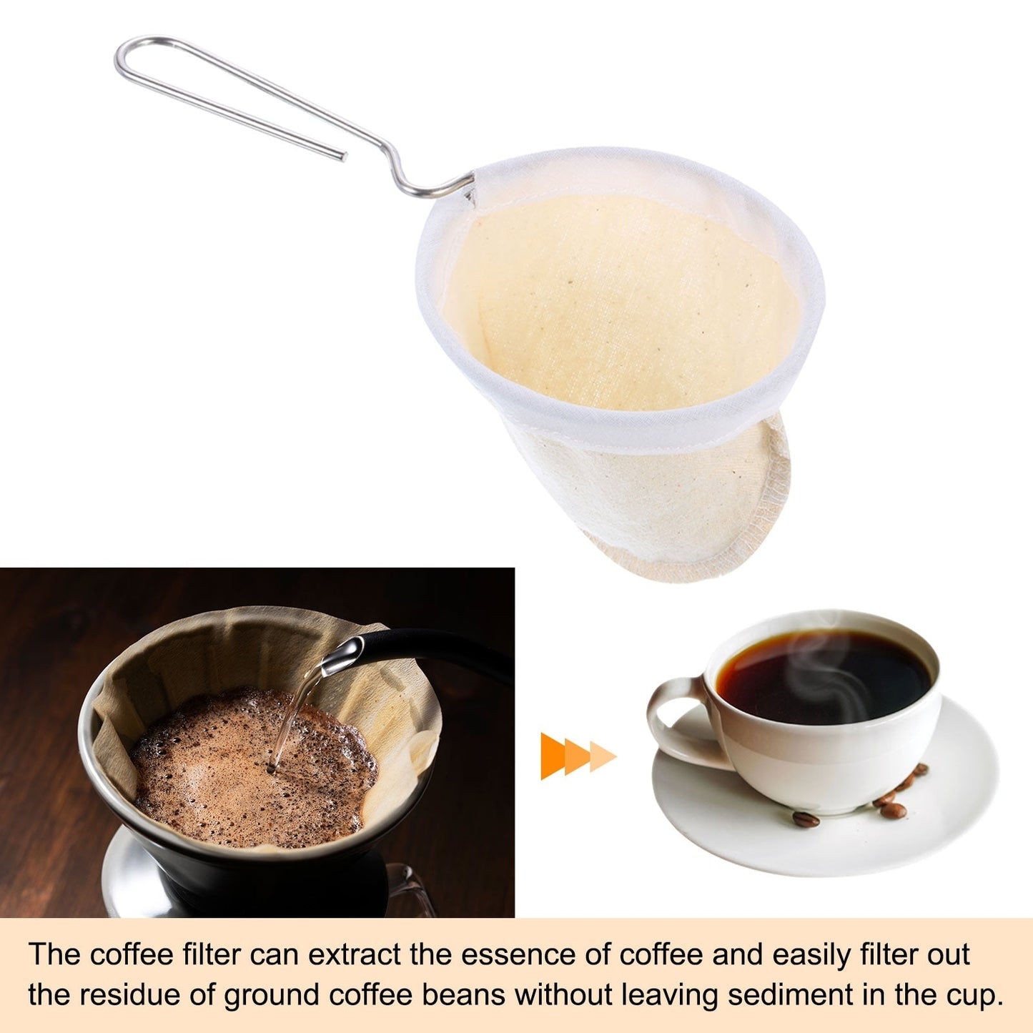 Cloth Coffee Filter, Cafe Sock Strainer with Stainless Steel Handle, Beige