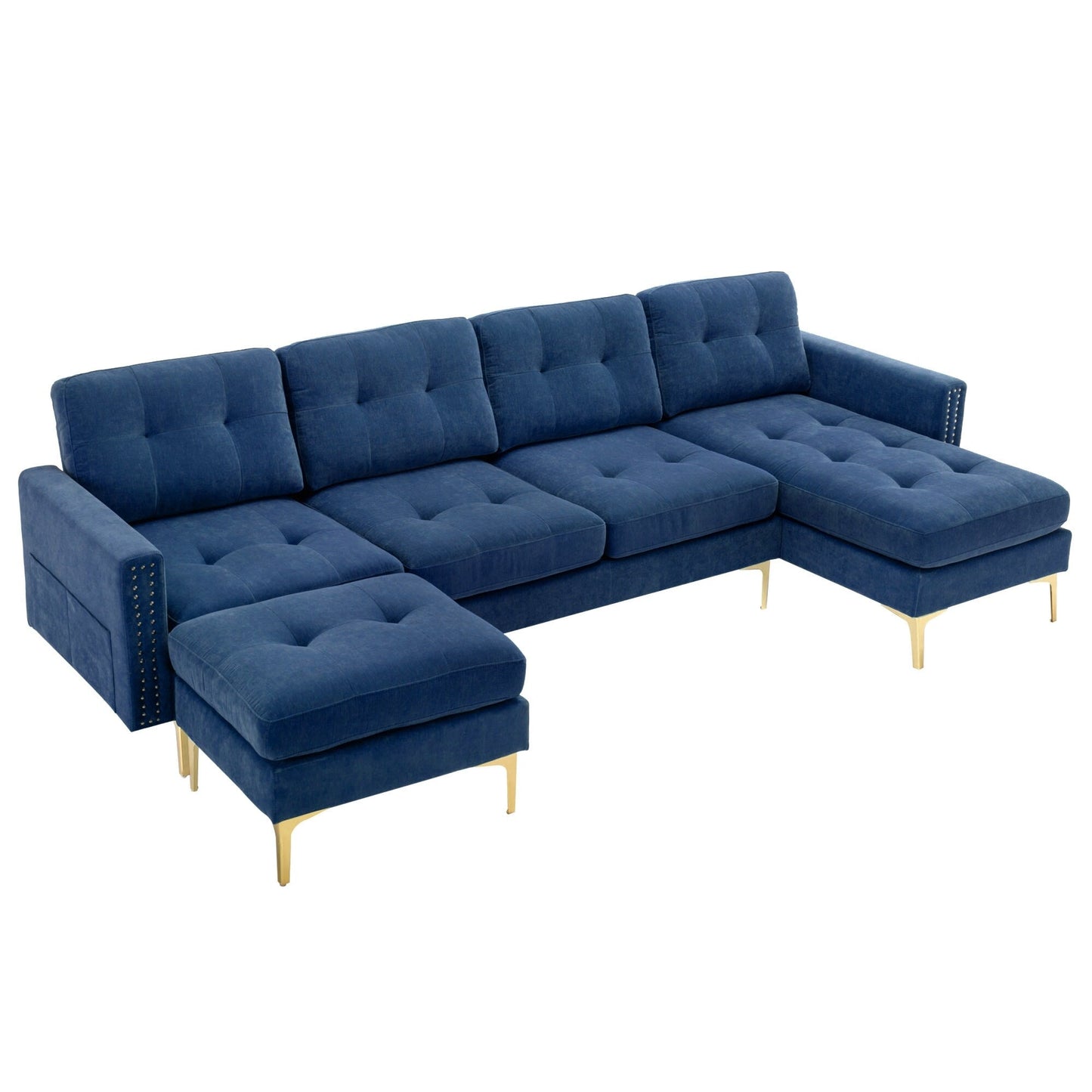 Convertible L-Shaped Velvet Sectional Sofa with Movable Ottoman and Gold Metal Legs for Living Room
